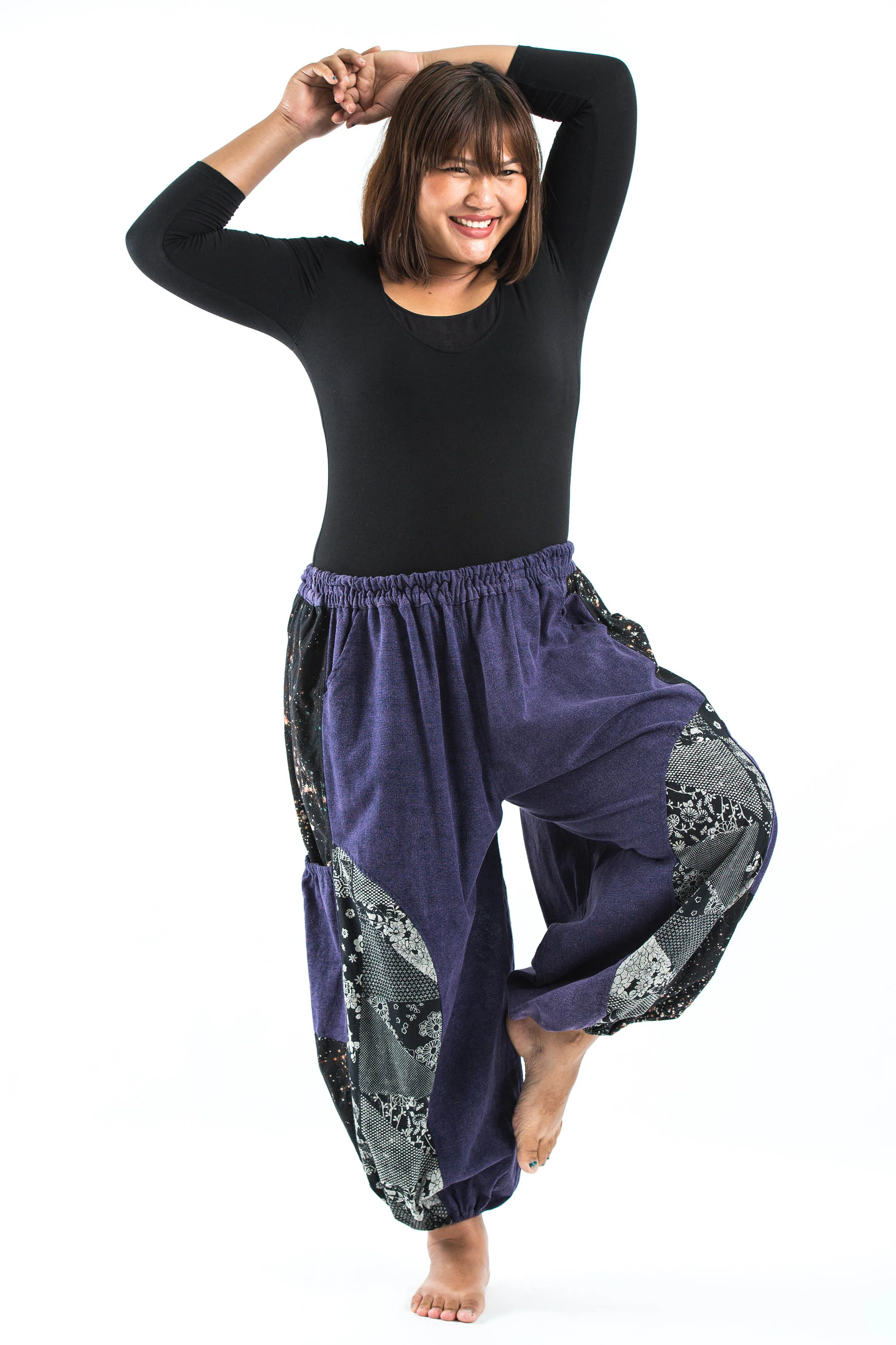 Plus Size Stone Washed Patchwork Women Unisex Pants in Blue - Image 5
