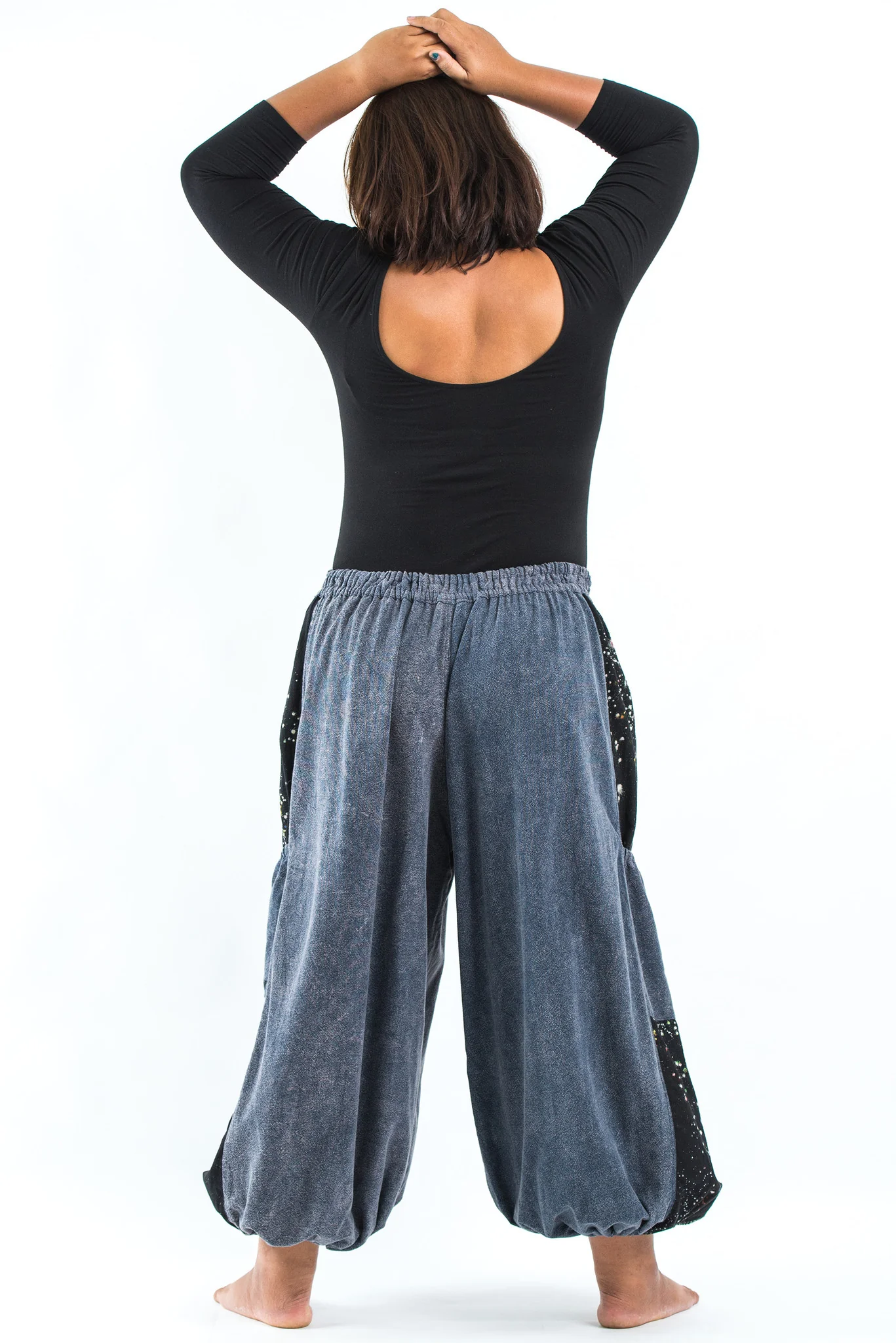 Plus Size Stone Washed Patchwork Women Unisex Pants in Gray - Image 4