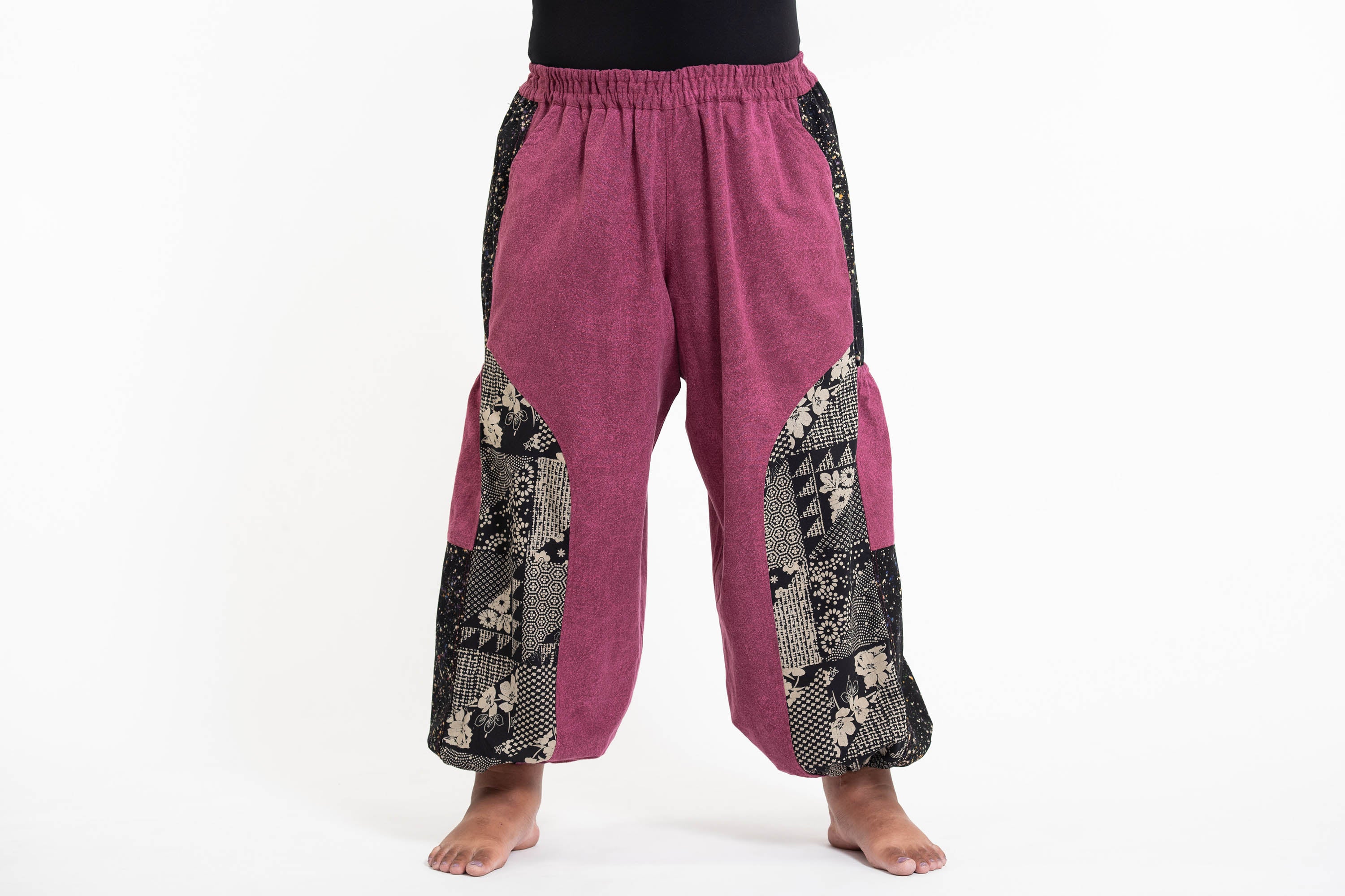 Plus Size Stone Washed Patchwork Women Unisex Pants in Magenta - Image 2