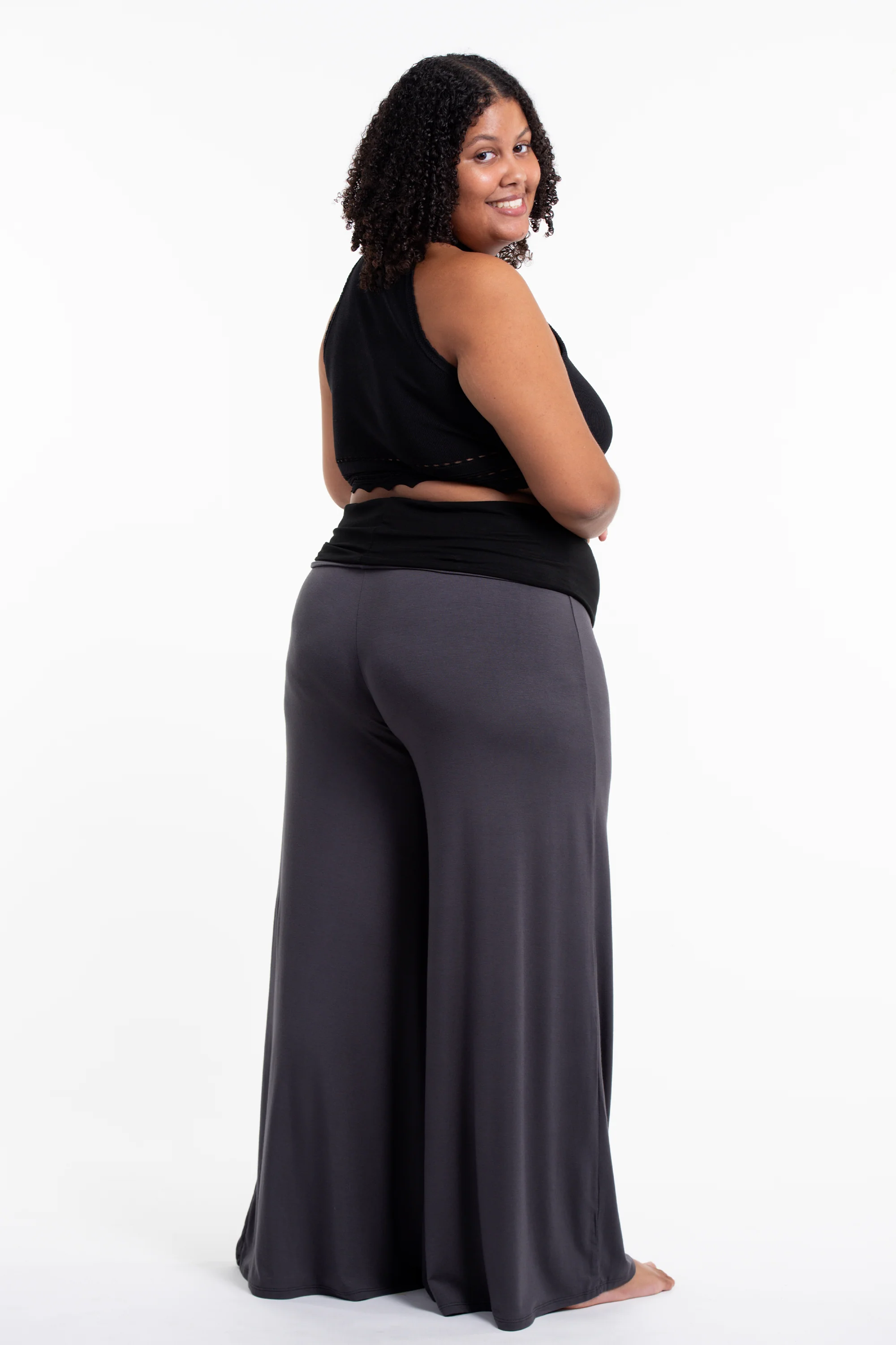 Plus Size Sun Moon Print Wide Leg Palazzo Harem Pants Cotton Spandex in Gray - Image 4