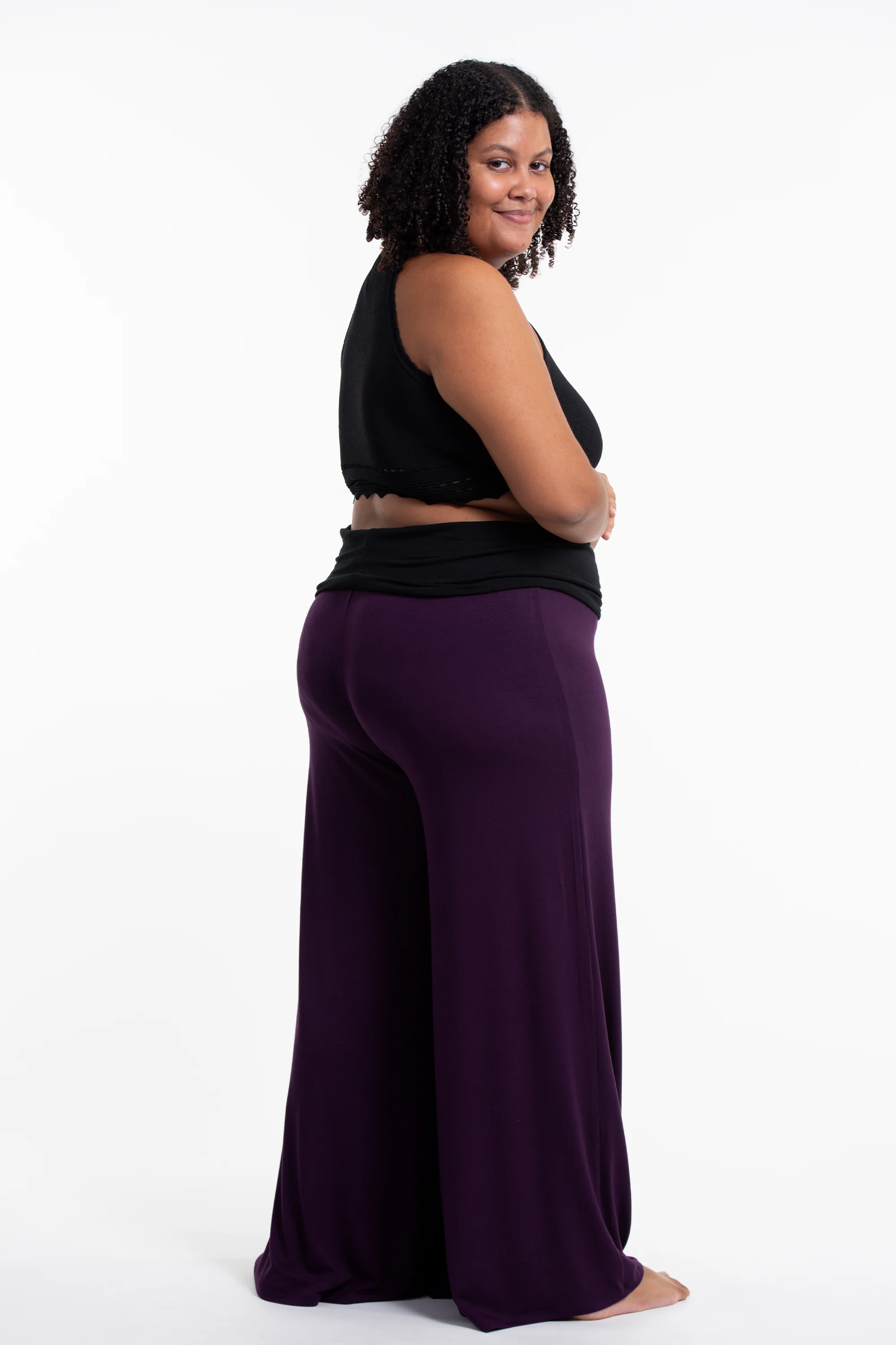 Plus Size Sun Moon Print Wide Leg Palazzo Harem Pants Cotton Spandex in Purple - Image 4