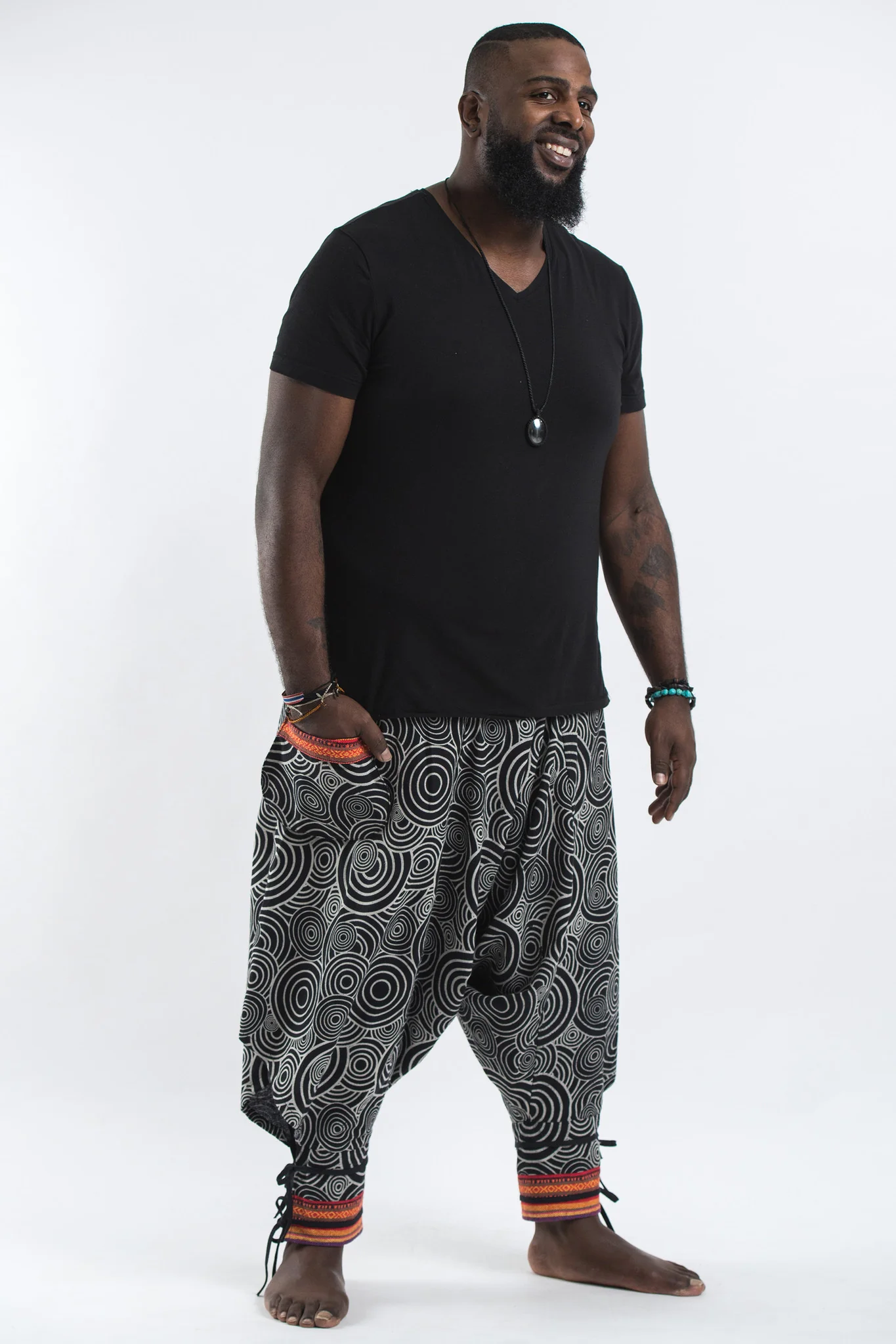 Plus Size Swirls Prints Thai Hill Tribe Fabric Men Harem Pants with Ankle Straps in Black - Image 3