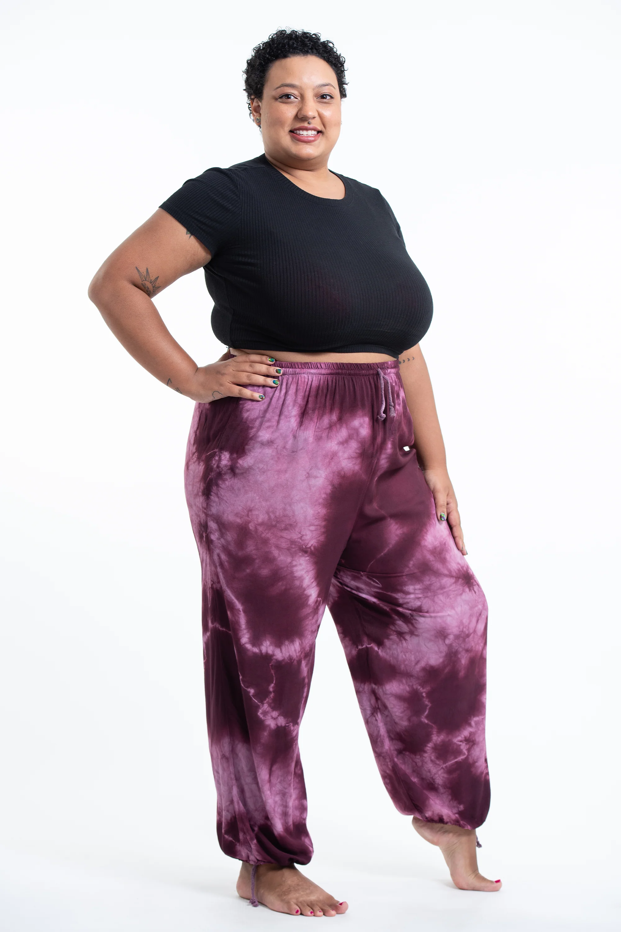 Plus Size Tie Dye Drawstring Women's Yoga Massage Pants in Dark Purple - Image 3