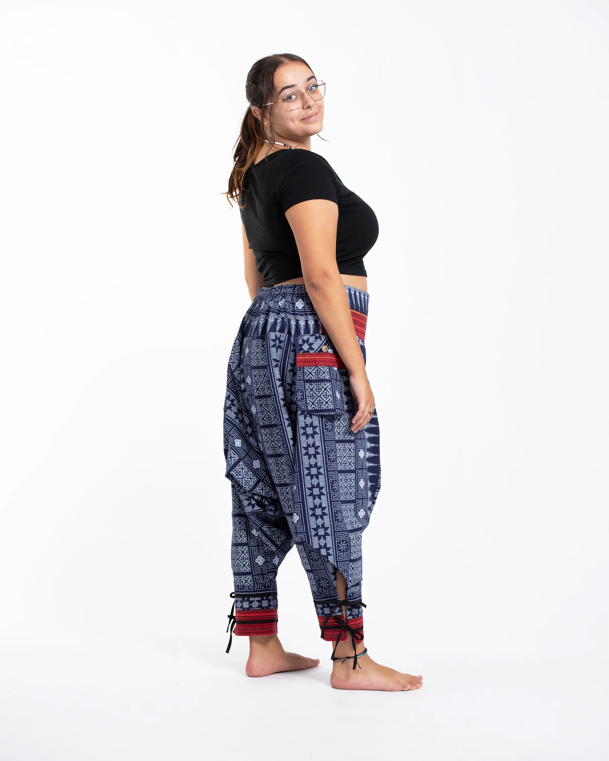 Plus Size Traditional Prints Thai Hill Tribe Fabric Women's Harem Pants with Ankle Straps in Blue - Image 3