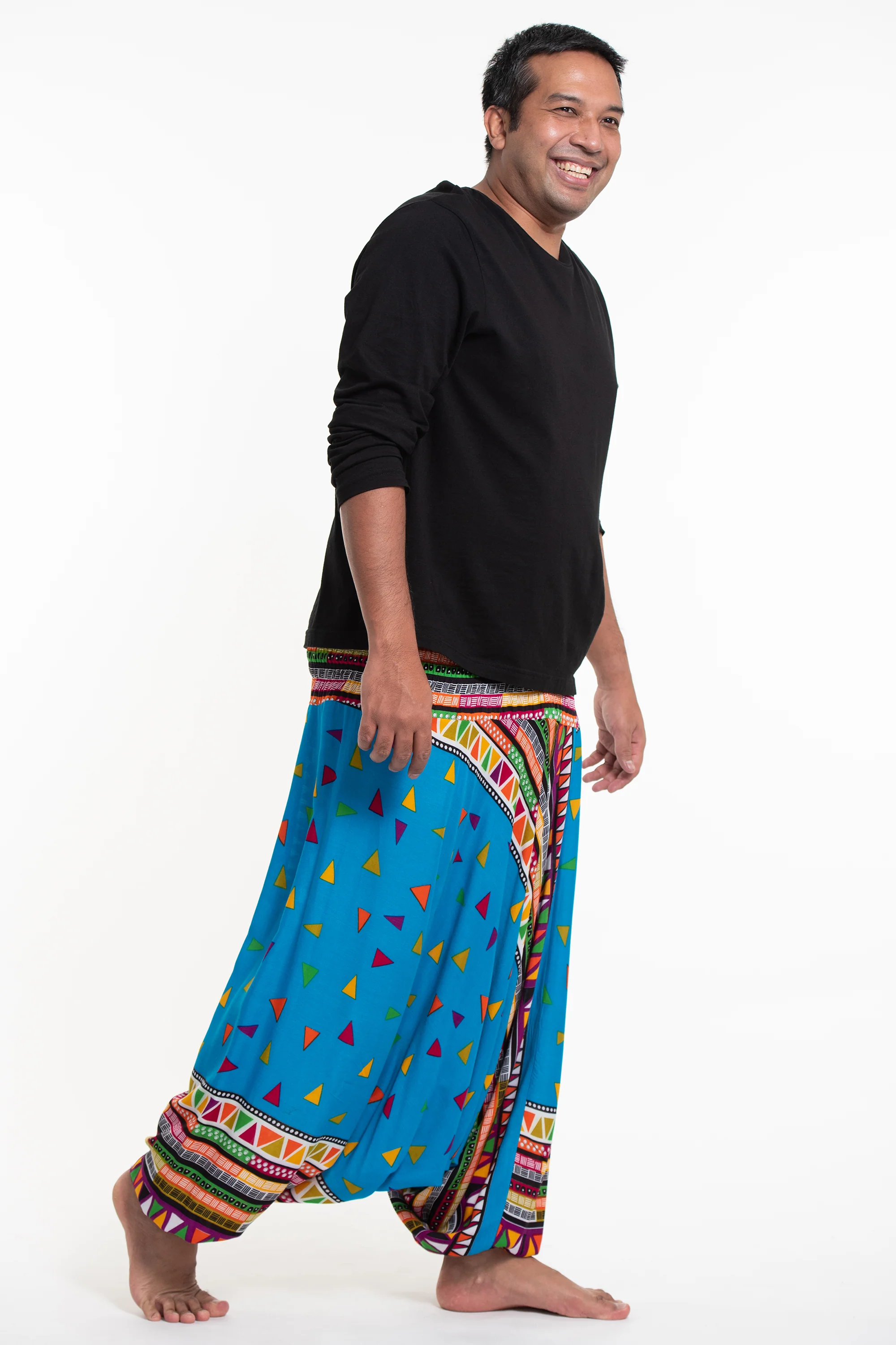 Plus Size Triangles Drop Crotch Men's Harem Pants in Ocean Blue - Image 3