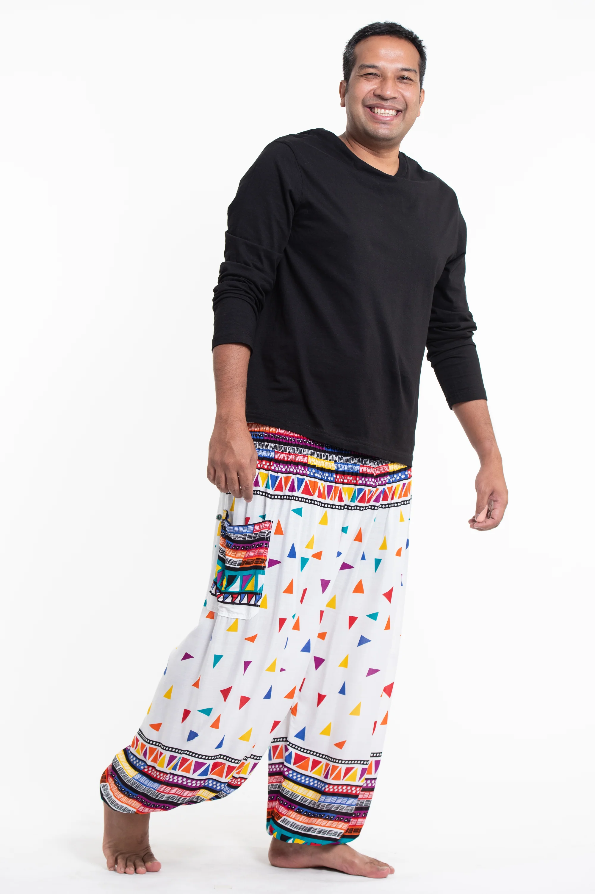 Plus Size Triangles Men's Harem Pants in White - Image 3