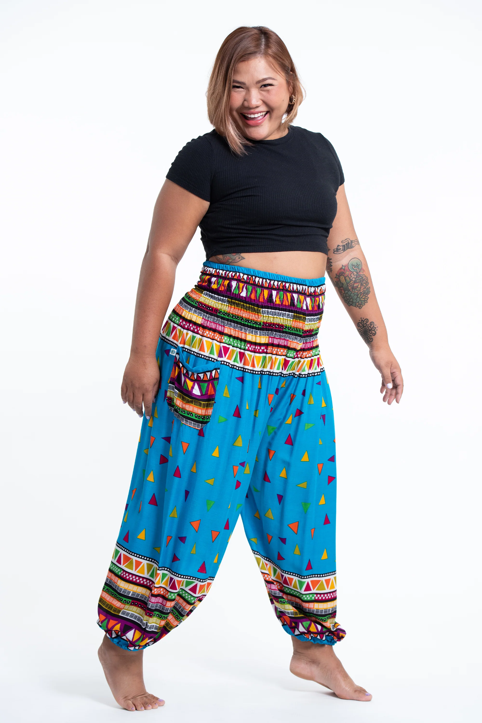 Plus Size Triangles Women's Harem Pants in Ocean Blue - Image 3