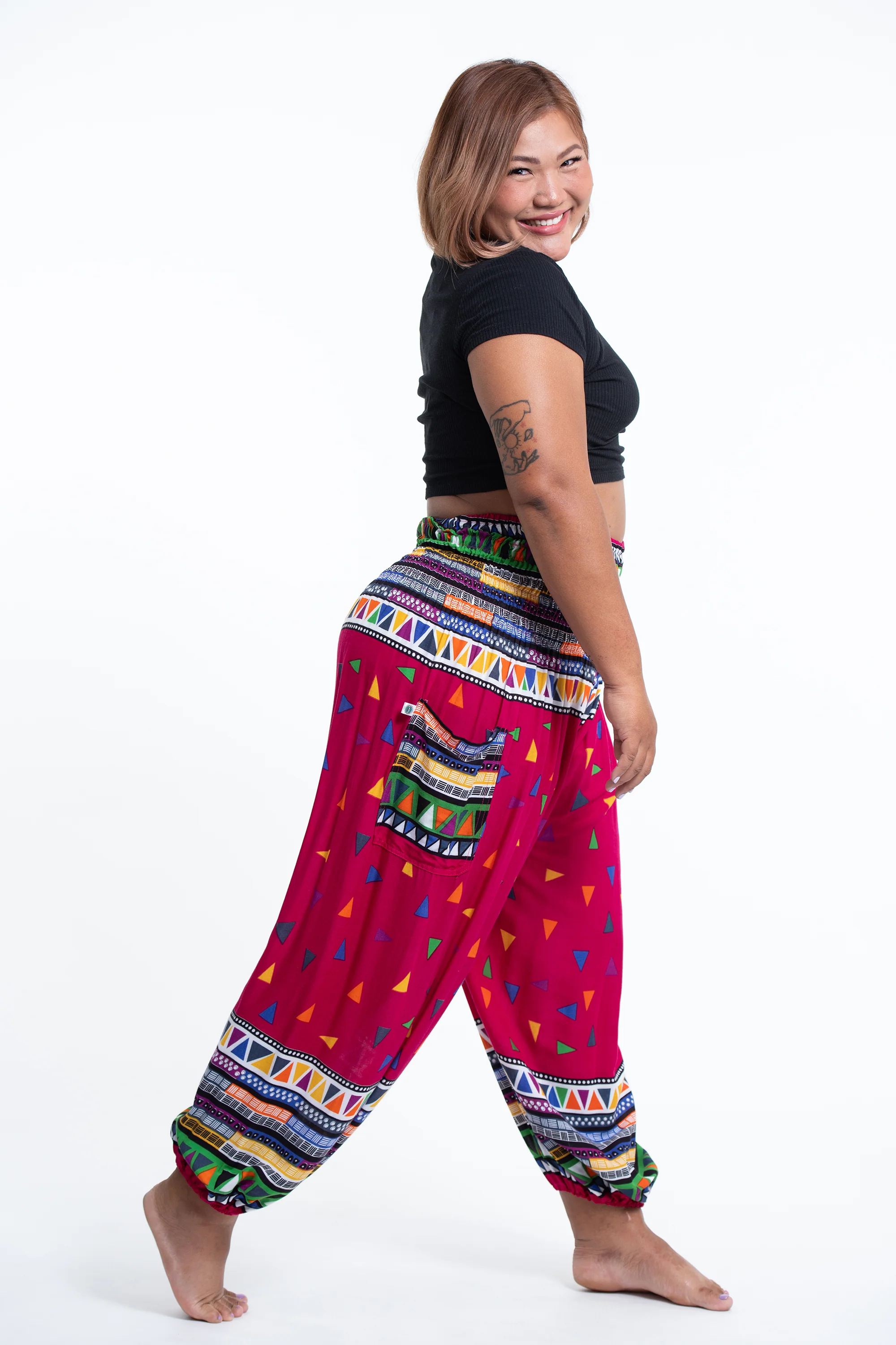 Plus Size Triangles Women's Harem Pants in Pink - Image 3