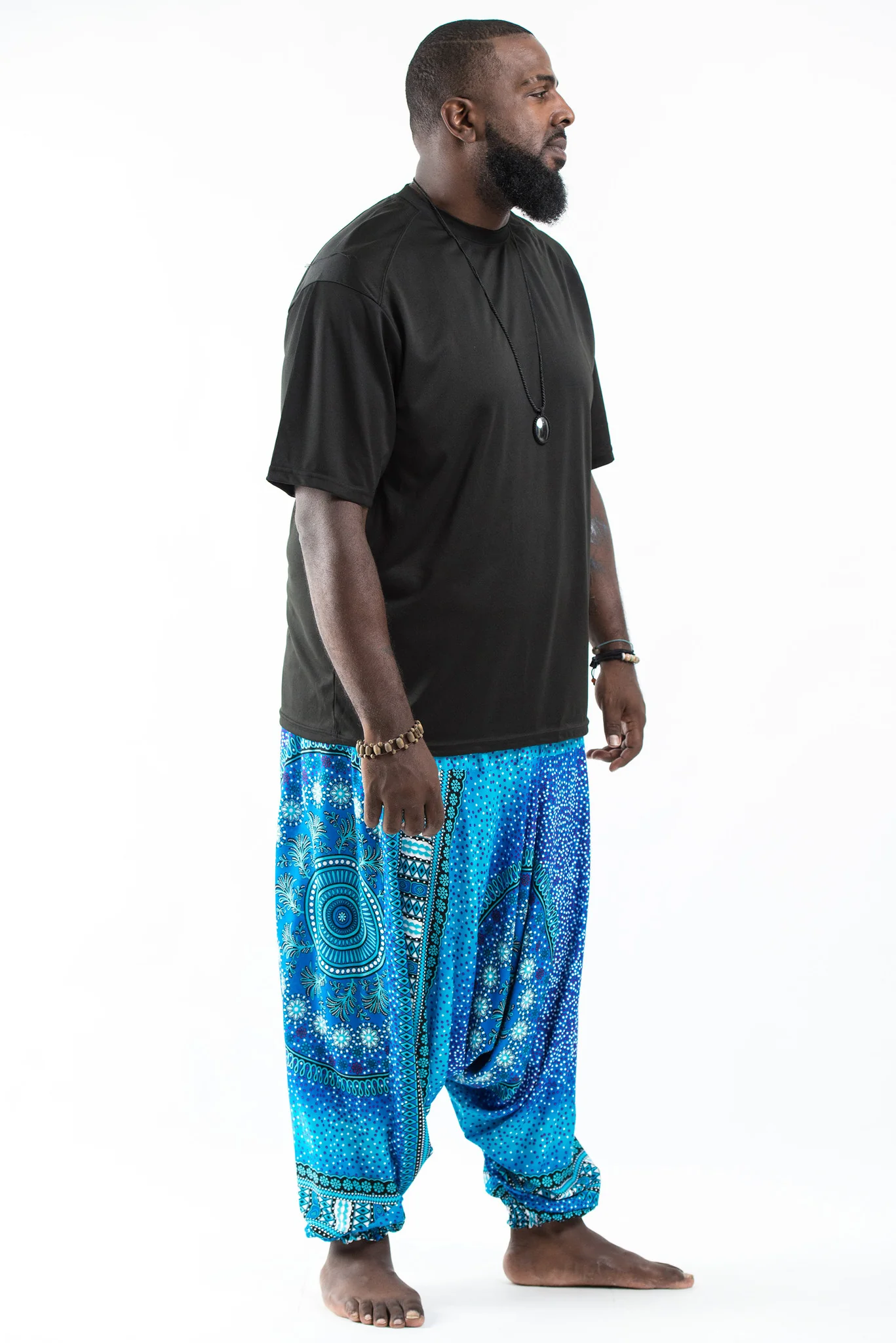 Plus Size Tribal Chakras Drop Crotch Men's Harem Pants in Blue - Image 3