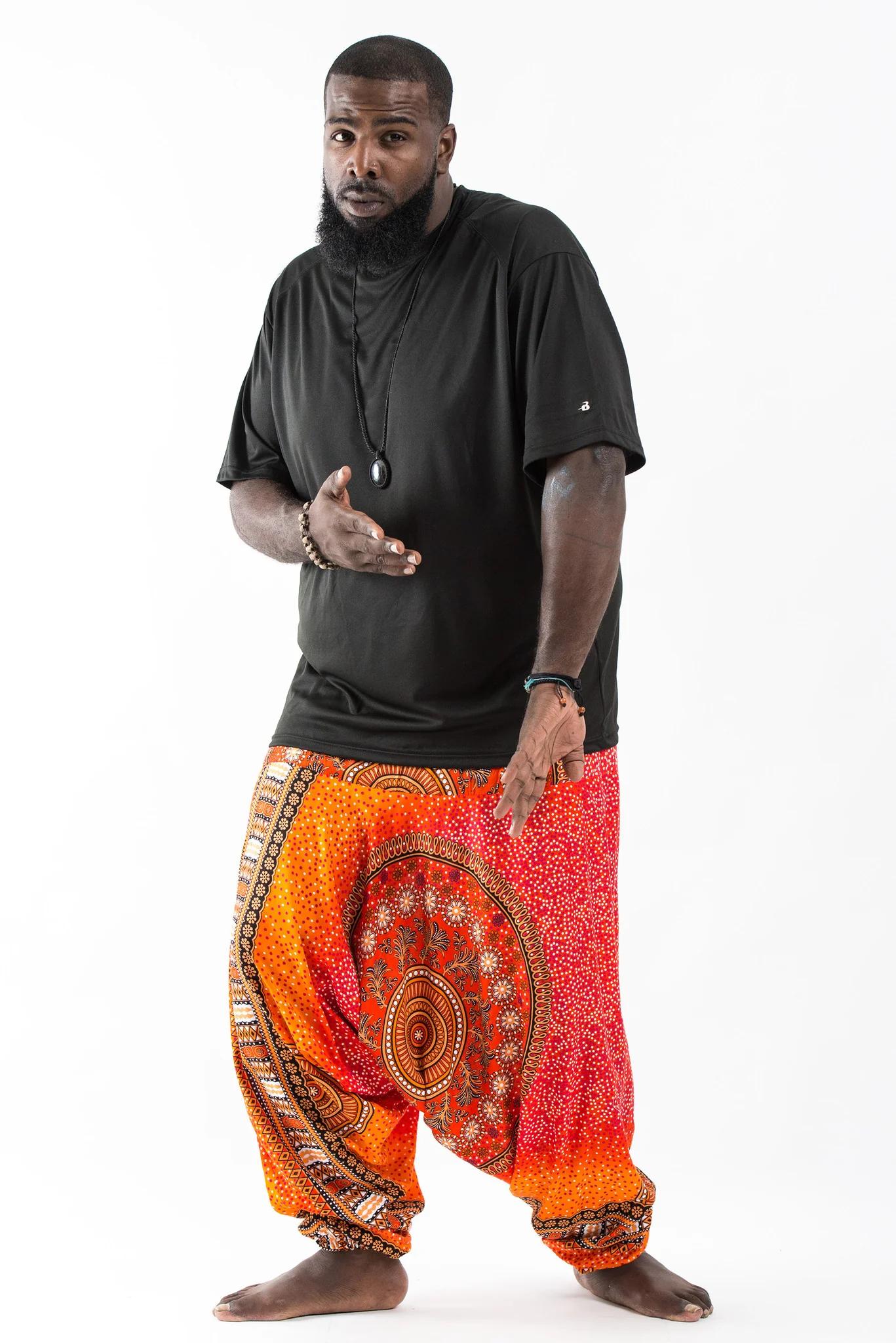 Plus Size Tribal Chakras Drop Crotch Men's Harem Pants in Orange - Image 3