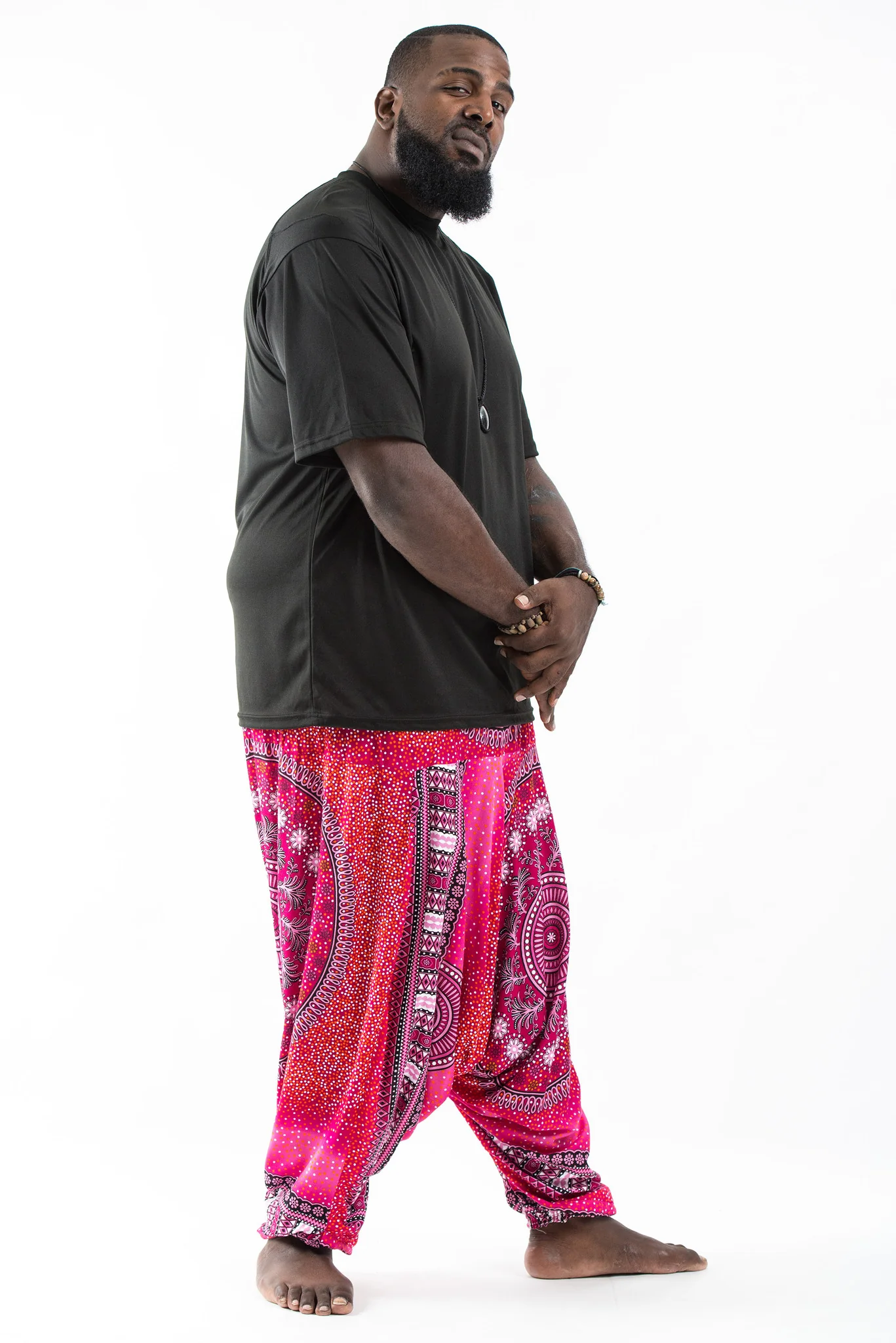 Plus Size Tribal Chakras Drop Crotch Men's Harem Pants in Pink - Image 3