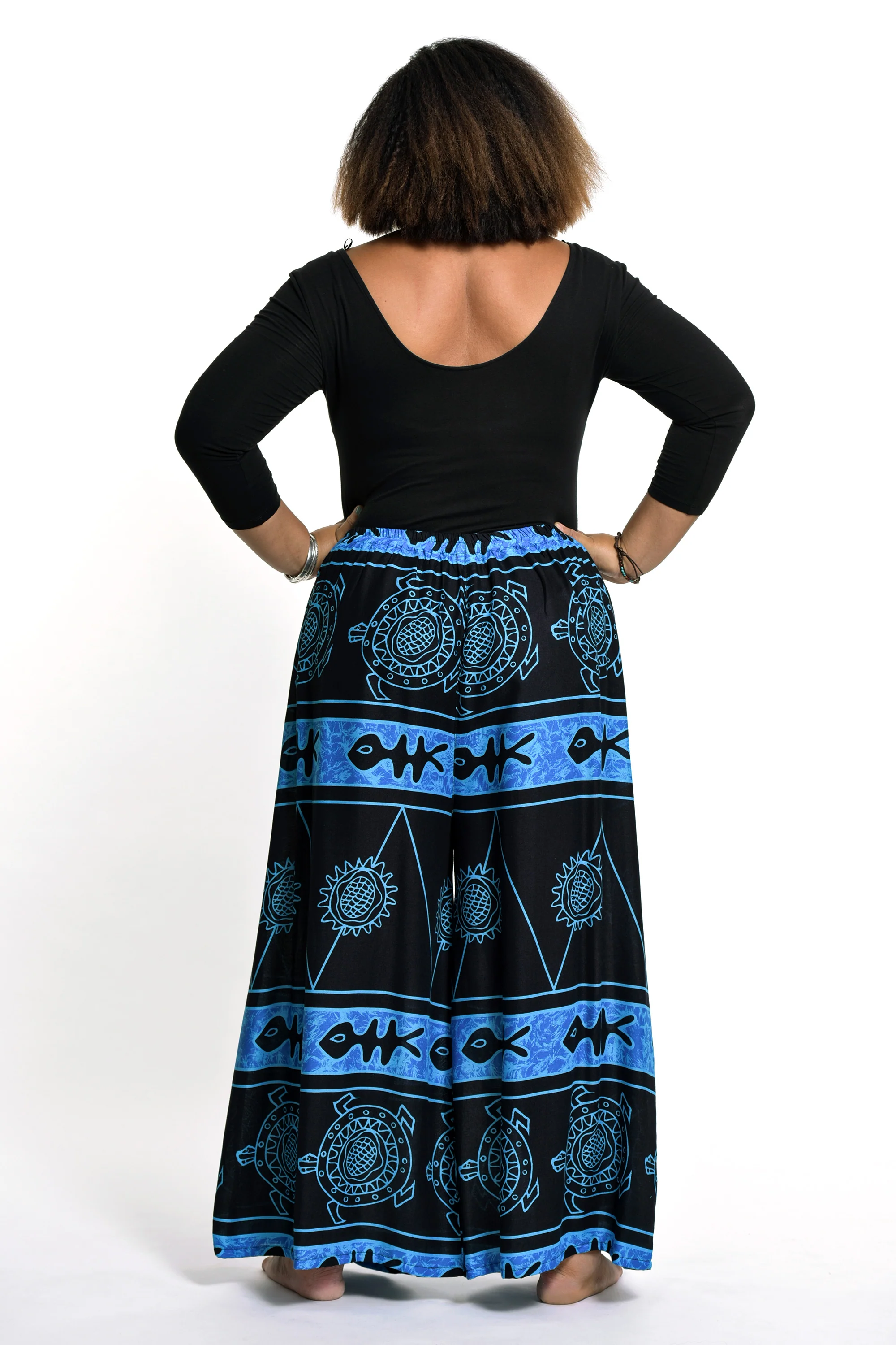 Plus Size Turtle Print Palazzo Style Harem Pants in Blue - Image 3