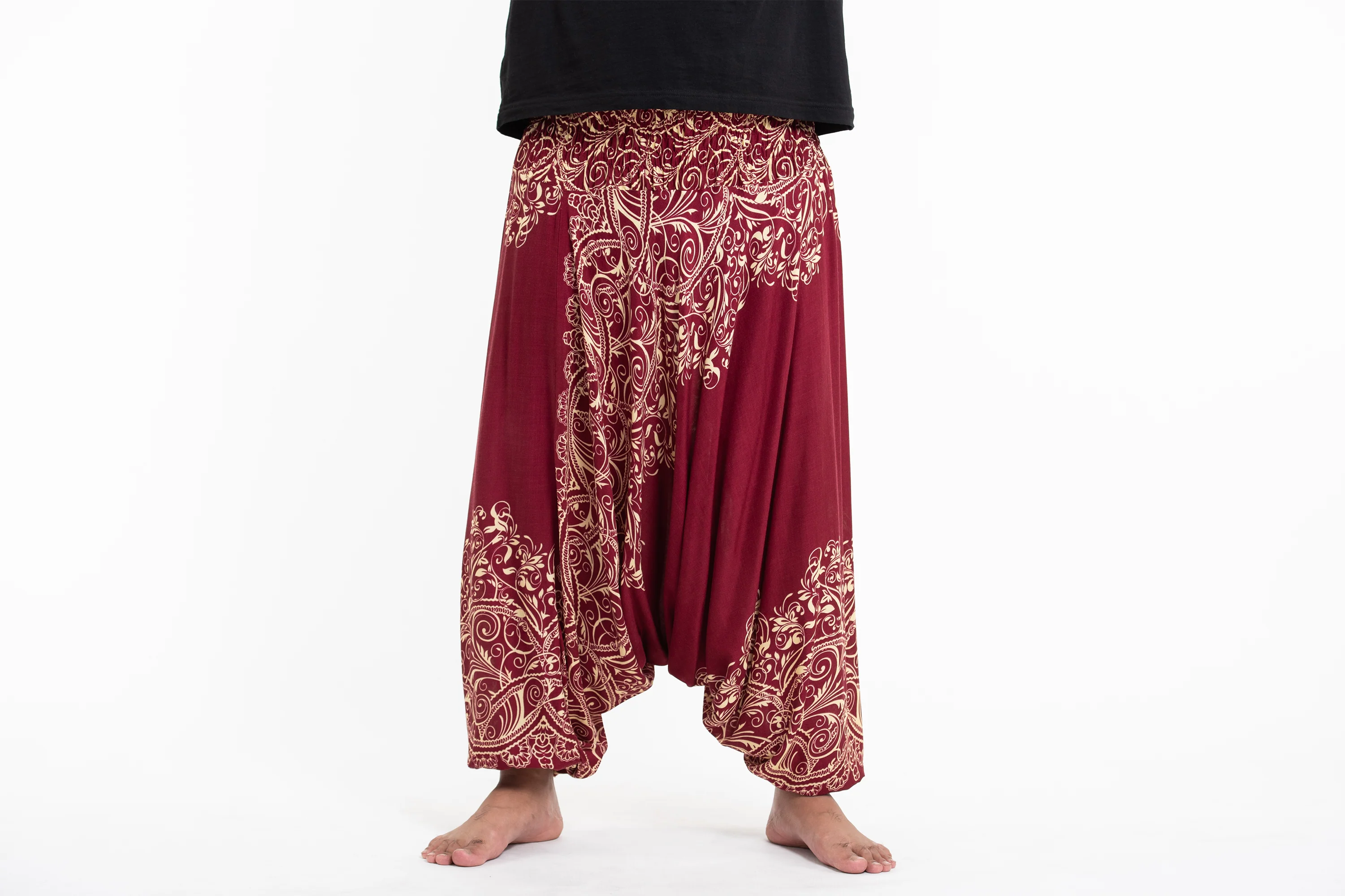 Plus Size Vines Drop Crotch Men's Harem Pants in Red - Image 2