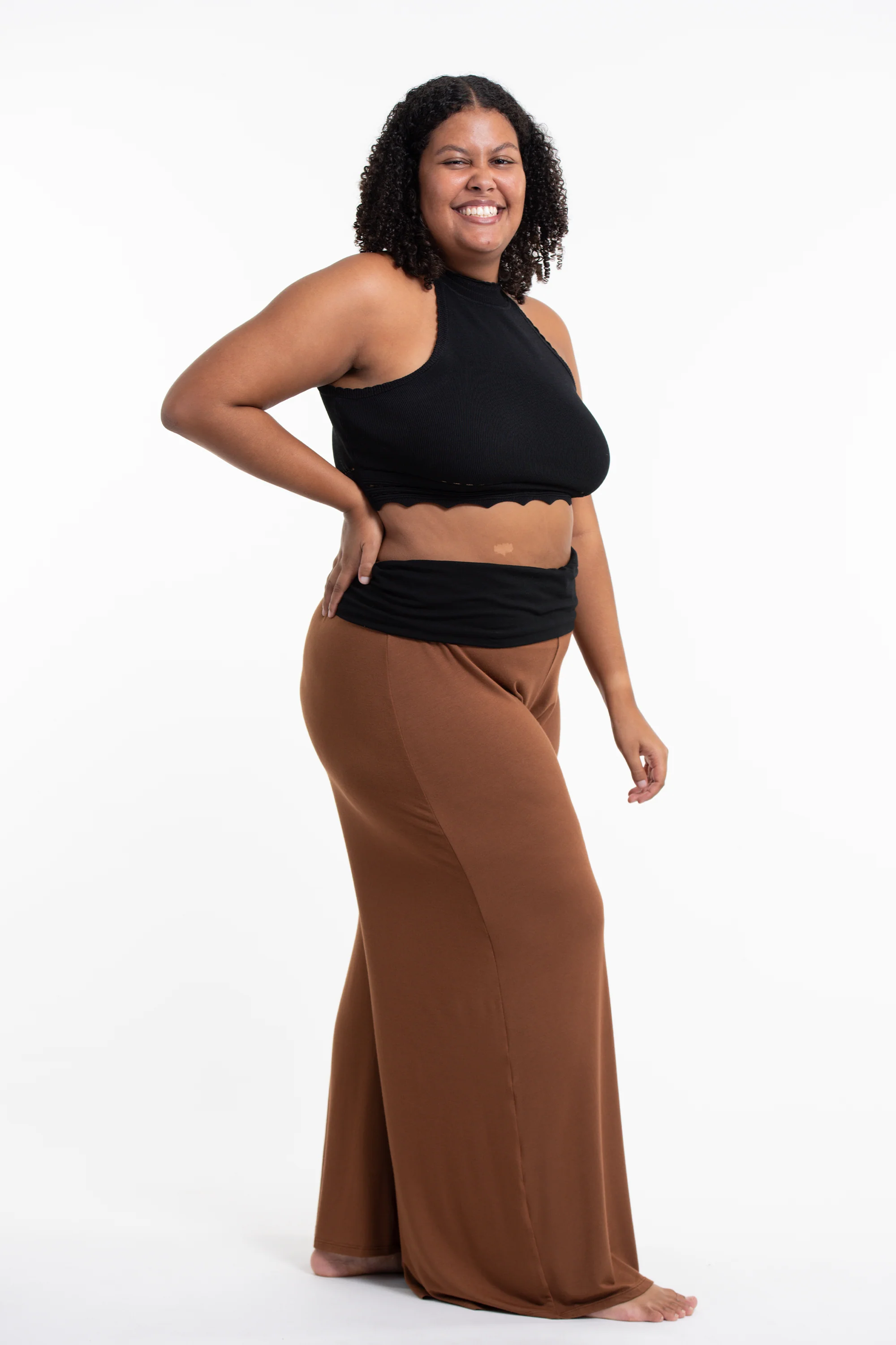 Plus Size Wide Leg Palazzo Harem Pants Cotton Spandex in Solid Brown - Image 3