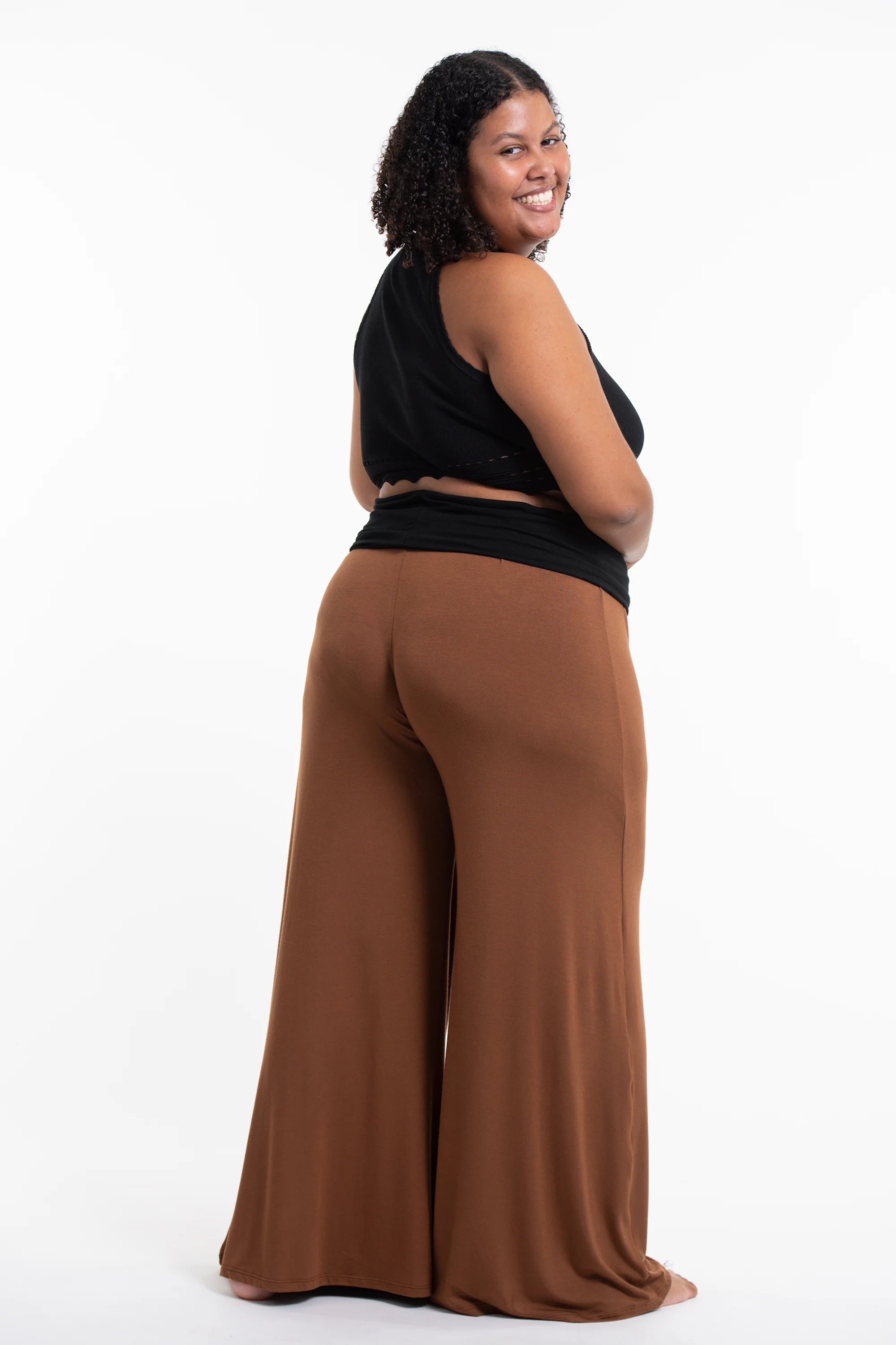 Plus Size Wide Leg Palazzo Harem Pants Cotton Spandex in Solid Brown - Image 4