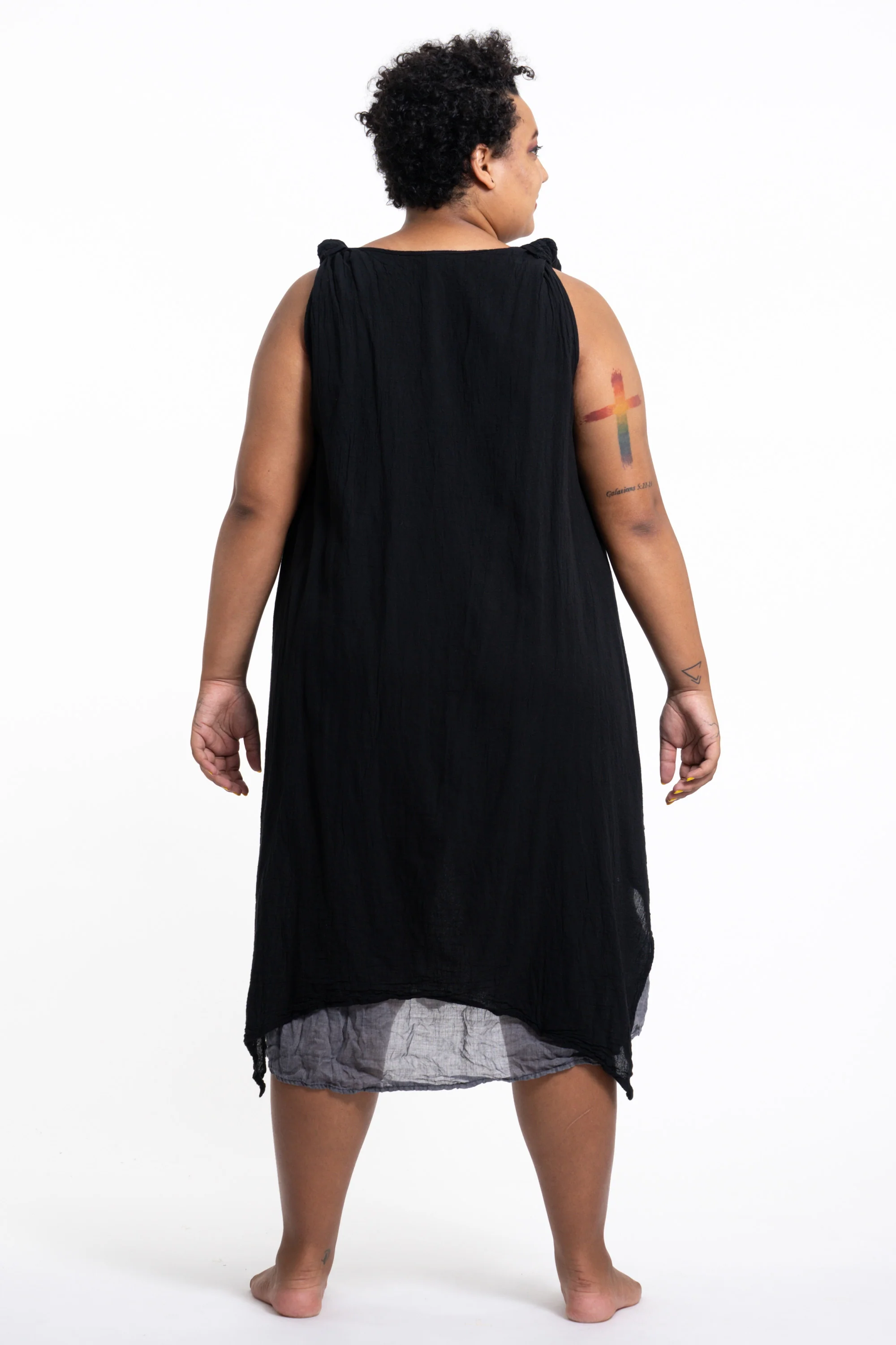 Plus Size Women's Crinkled Hill Tribe Cotton Tank Dress in Black - Image 4