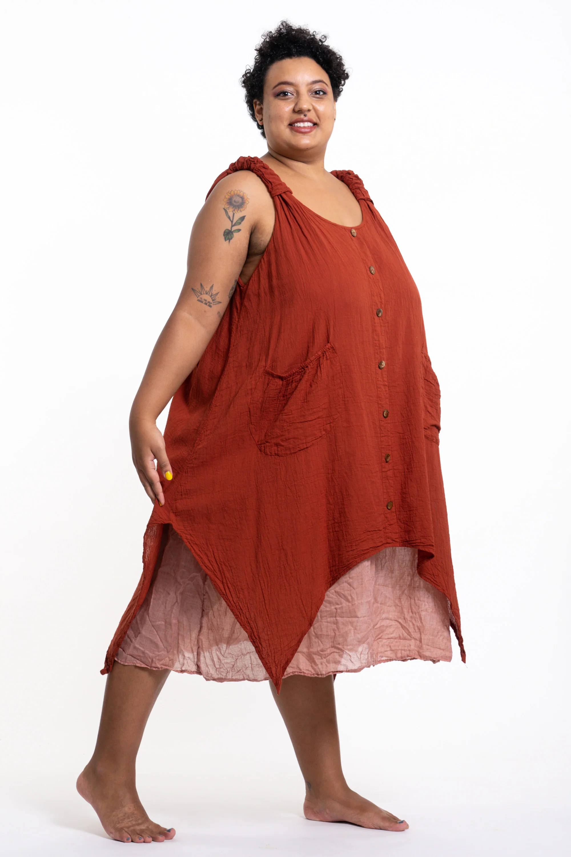 Plus Size Women's Crinkled Hill Tribe Cotton Tank Dress in Brick - Image 3