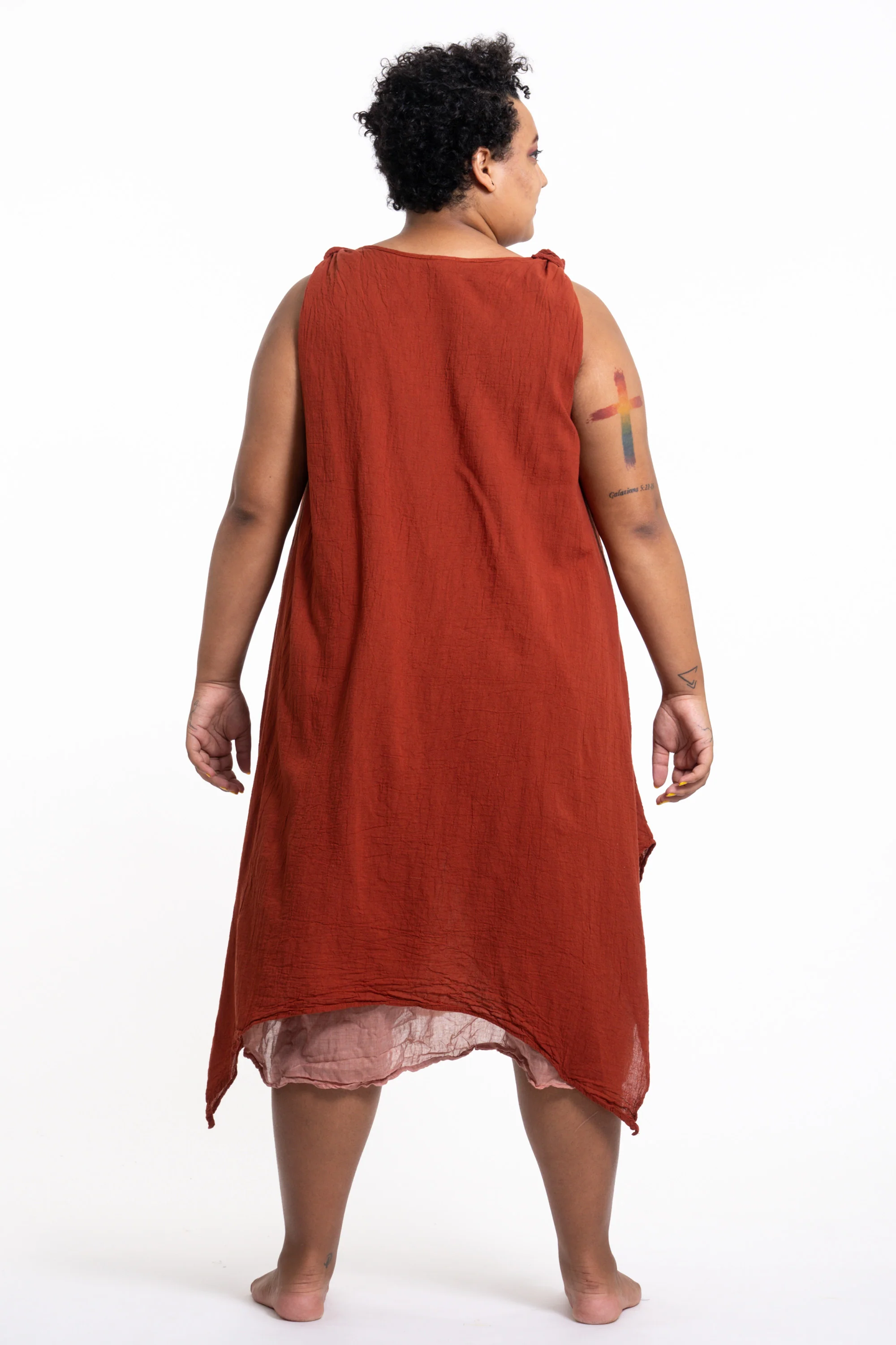 Plus Size Women's Crinkled Hill Tribe Cotton Tank Dress in Brick - Image 4