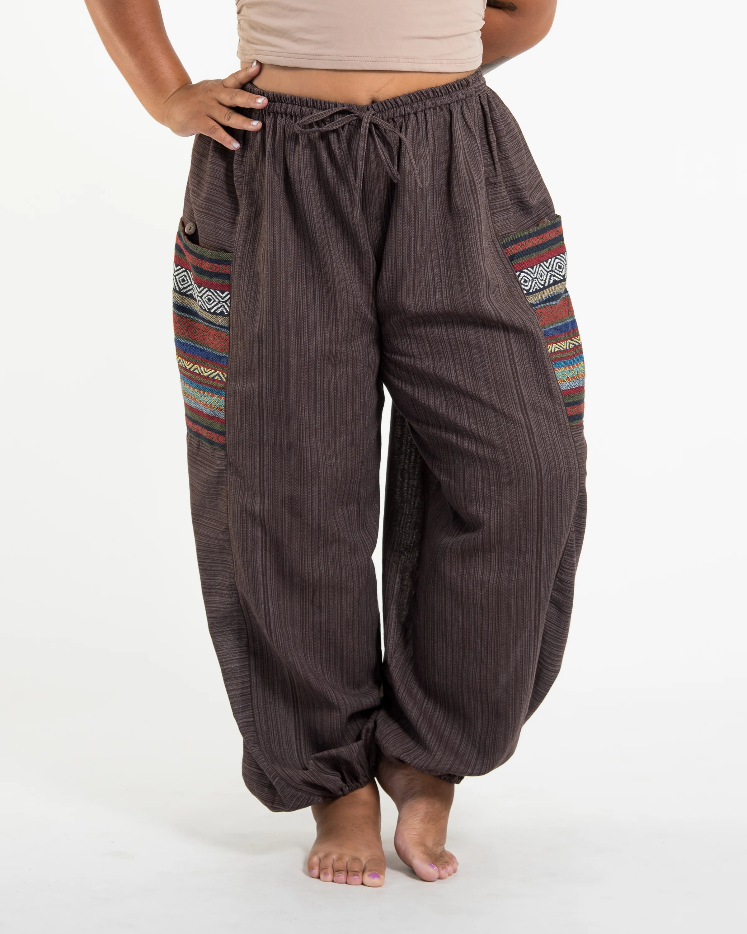 Plus Size Women's Drawstring Pinstripes Cotton Pants with Aztec Pocket in Brown - Image 2
