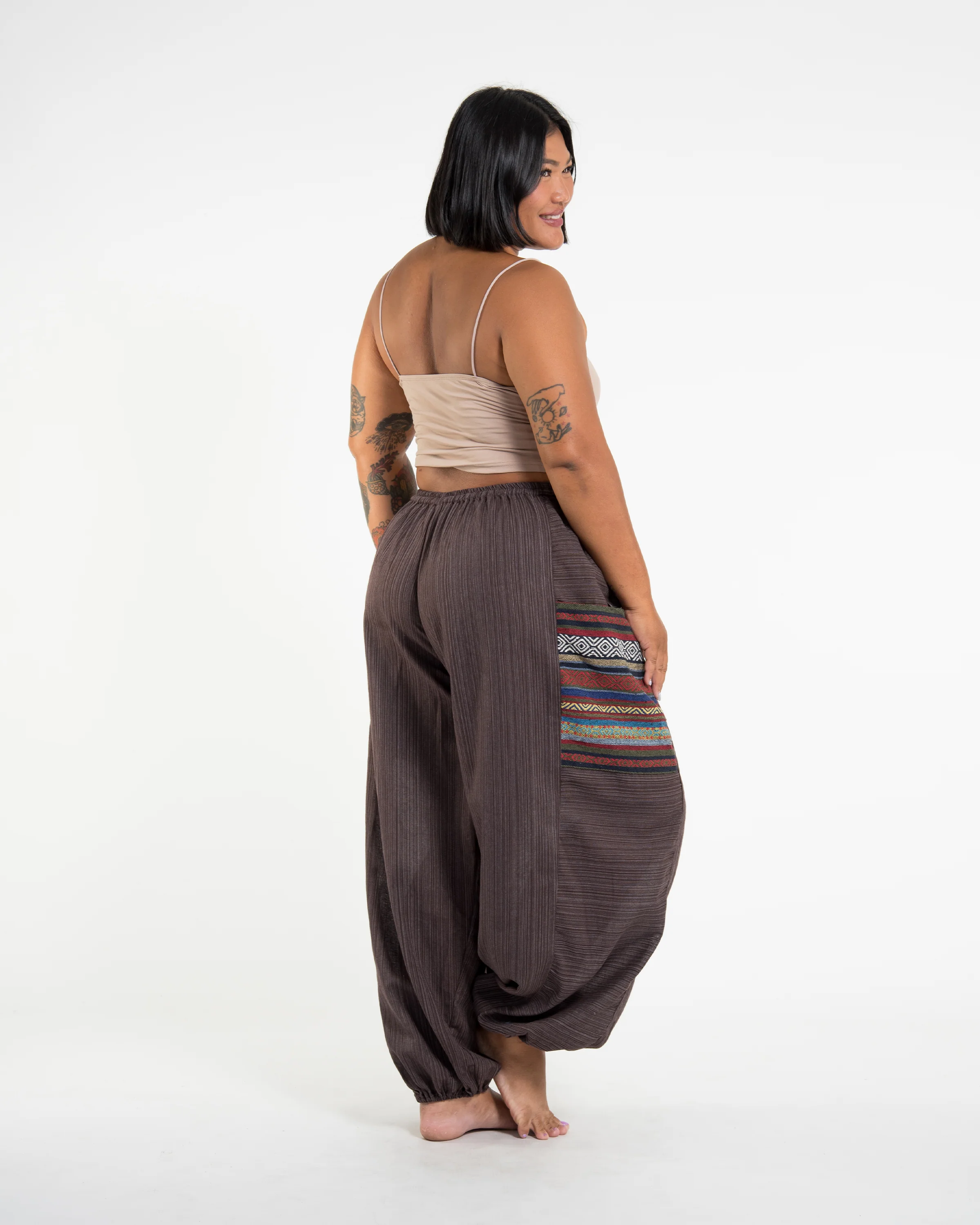 Plus Size Women's Drawstring Pinstripes Cotton Pants with Aztec Pocket in Brown - Image 3