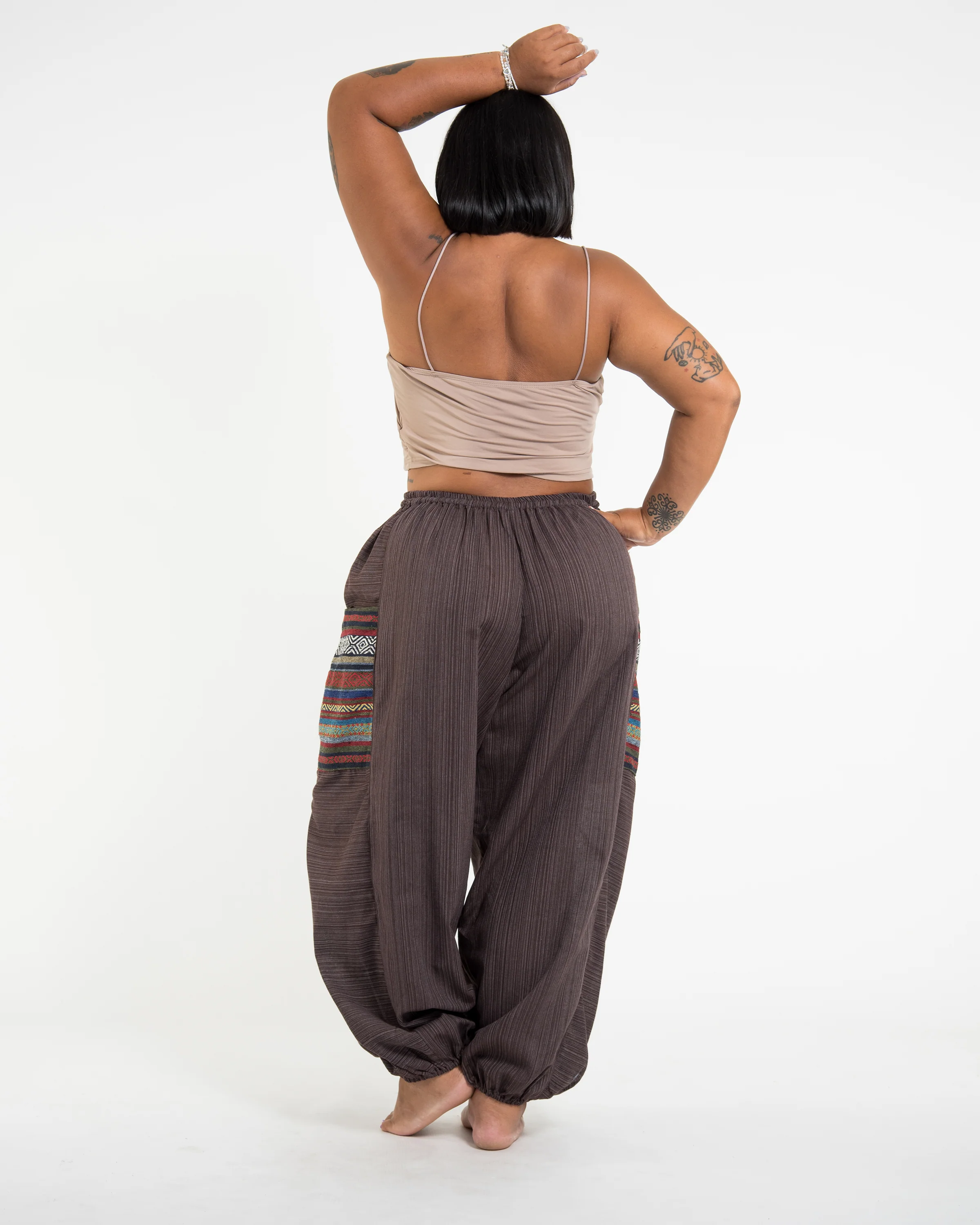Plus Size Women's Drawstring Pinstripes Cotton Pants with Aztec Pocket in Brown - Image 4