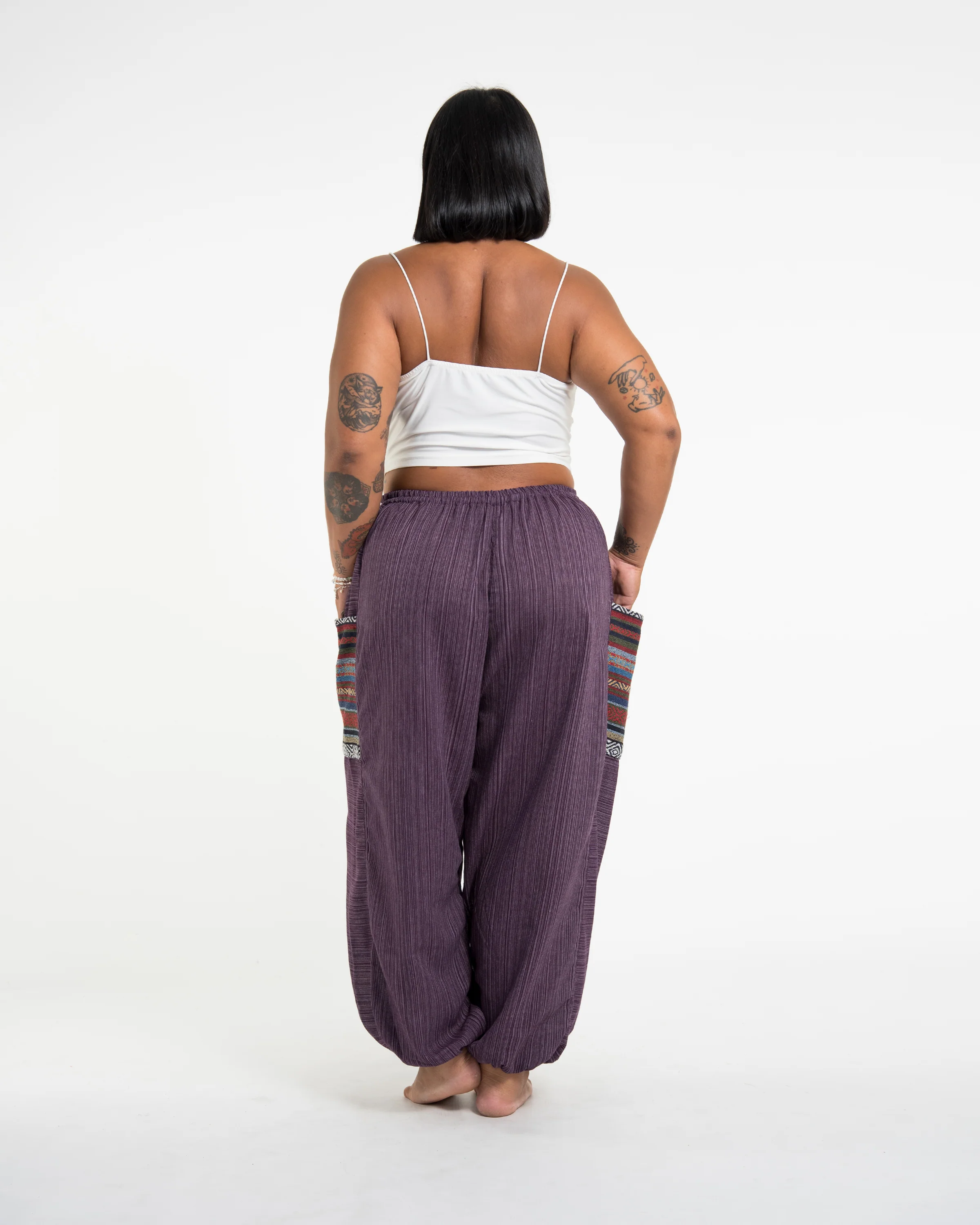 Plus Size Women's Drawstring Pinstripes Cotton Pants with Aztec Pocket in Purple - Image 4
