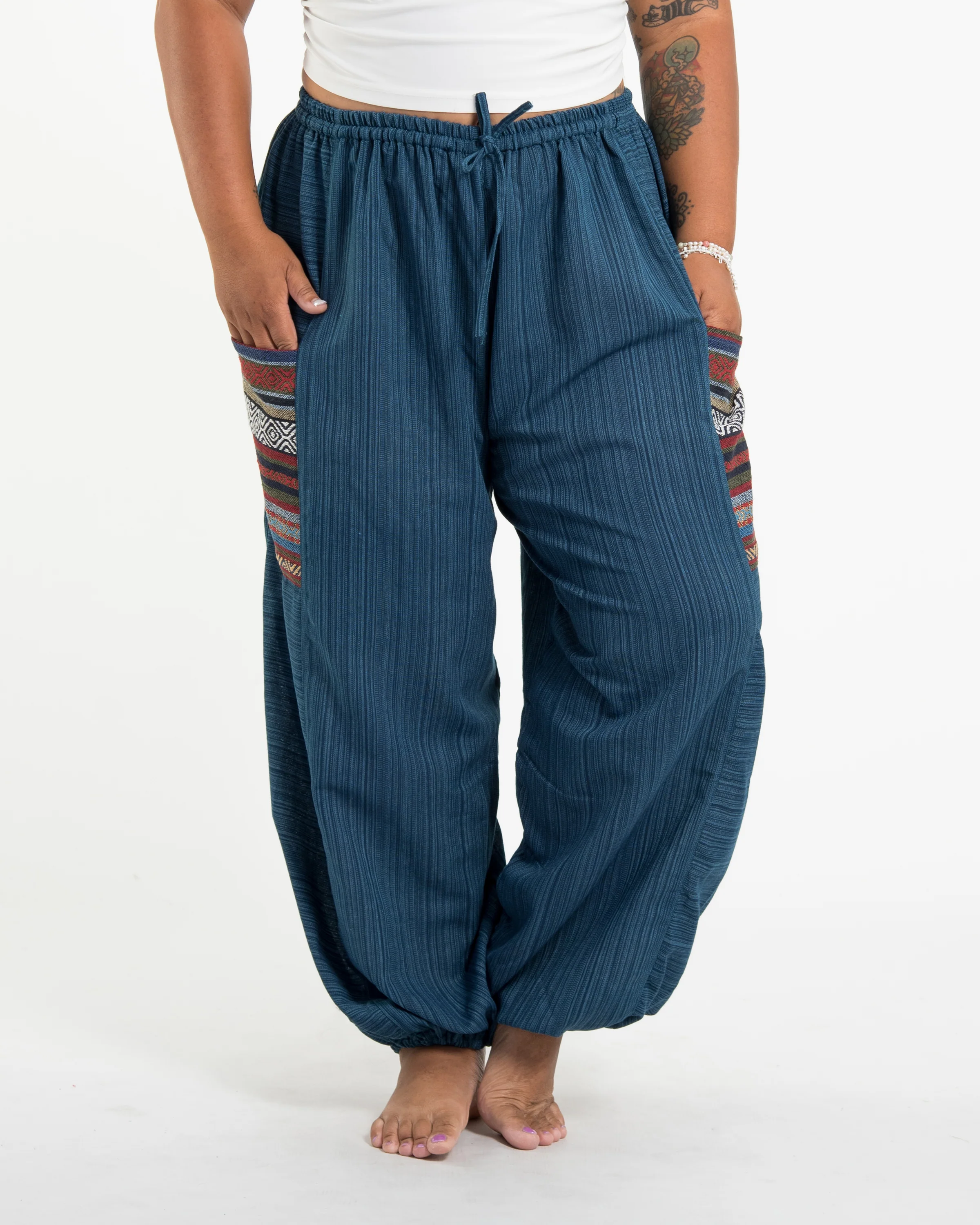 Plus Size Women's Drawstring Pinstripes Cotton Pants with Aztec Pocket in Turquoise - Image 2