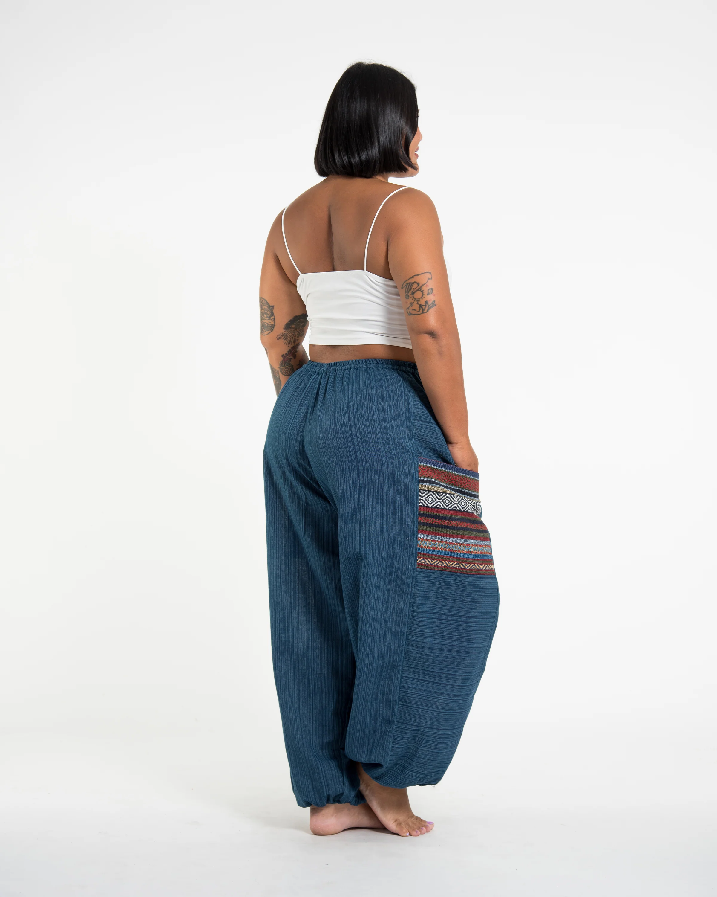 Plus Size Women's Drawstring Pinstripes Cotton Pants with Aztec Pocket in Turquoise - Image 3