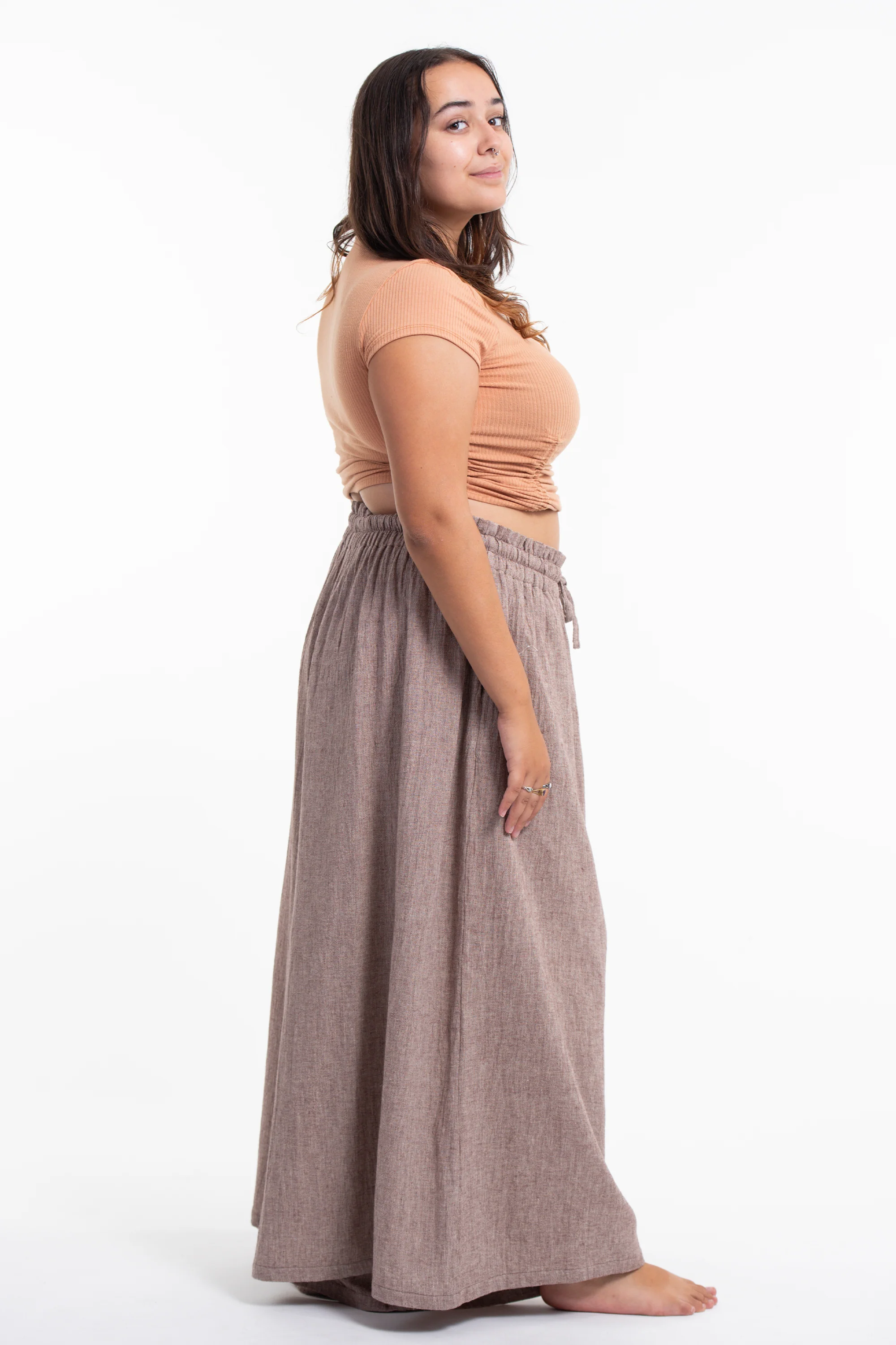 Plus Size Women's Linen Cotton Blend Palazzo Pants in Brown - Image 3