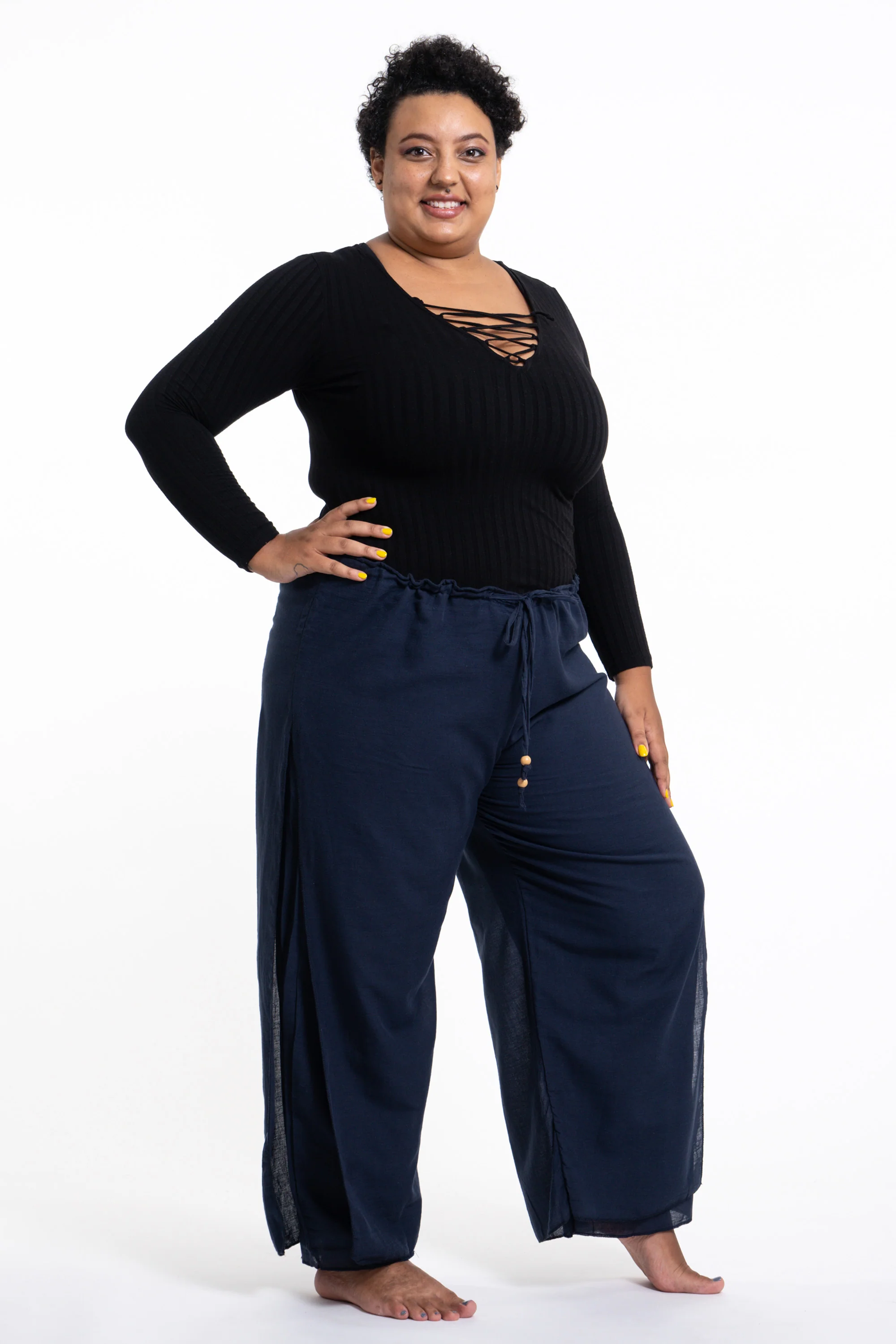 Plus Size Women's Thai Harem Double Layers Palazzo Pants in Solid Navy - Image 3
