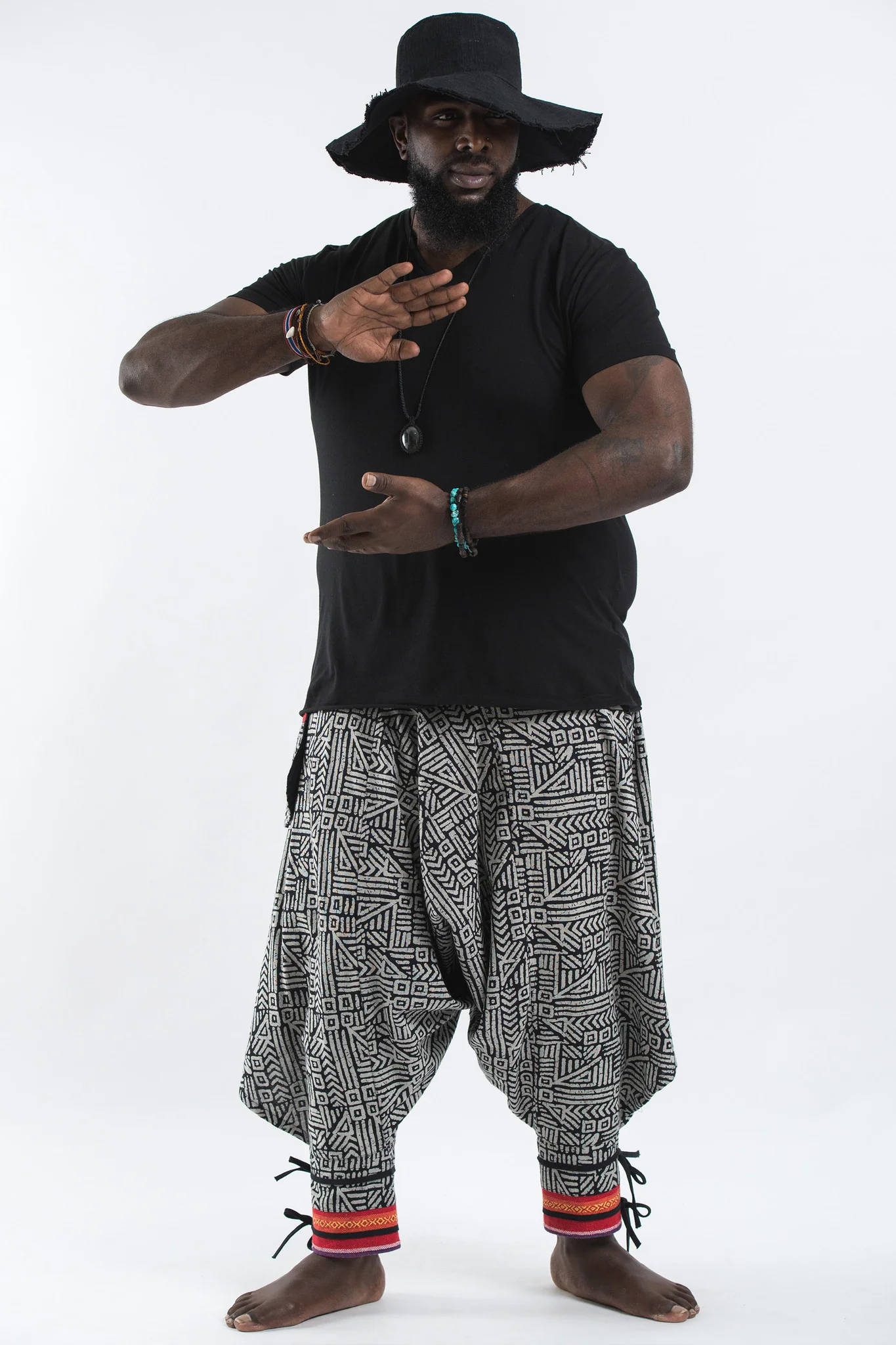 Plus Size Woven Prints Thai Hill Tribe Fabric Men Harem Pants with Ankle Straps in Black - Image 3
