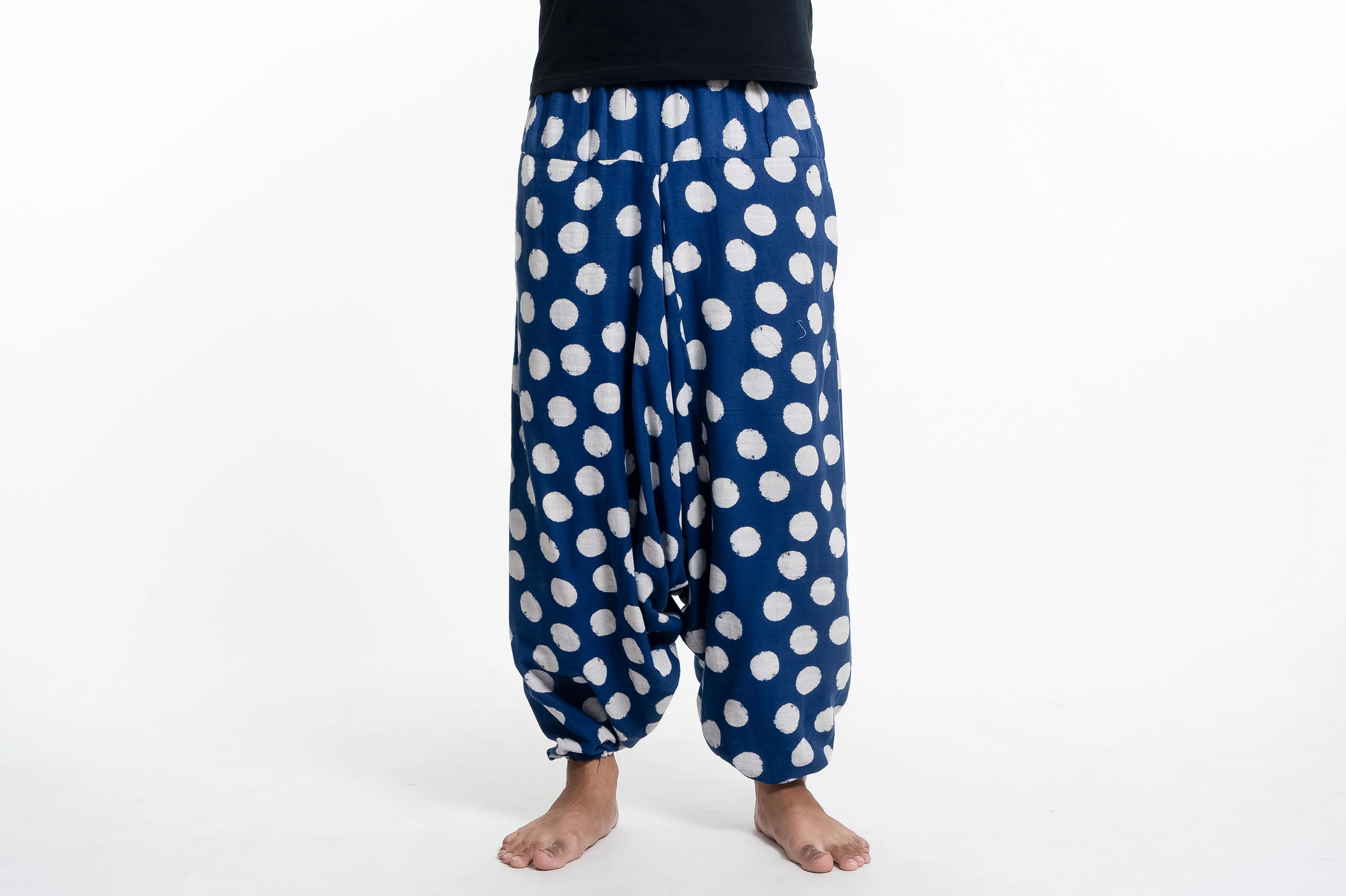 Polkadot Prints Men's Low Cut Cotton Harem Pants in Indigo - Image 2