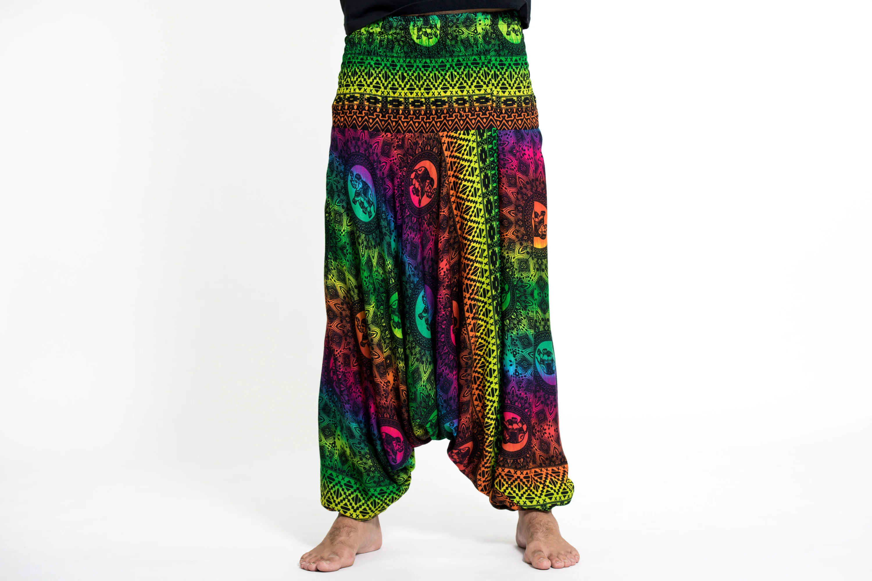 Rainbow Elephant Drop Crotch Men's Elephant Pants in Green - Image 2