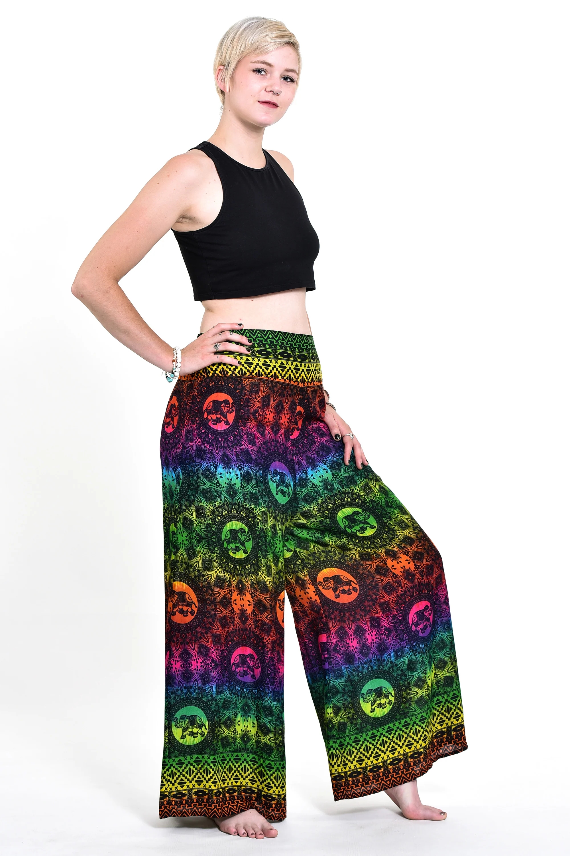 Rainbow Elephant Palazzo Style Elephant Pants in Green - Image 3