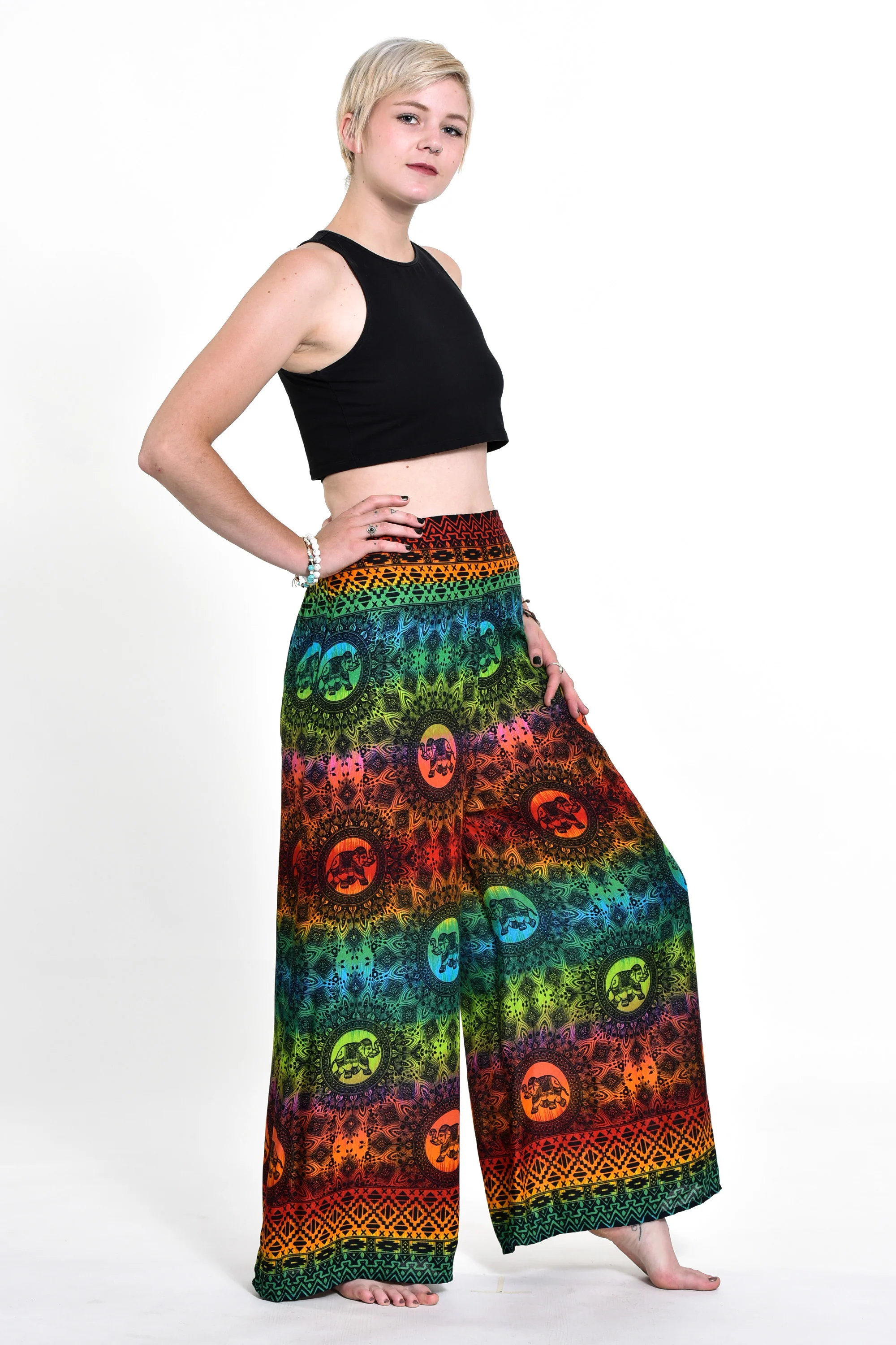 Rainbow Elephant Palazzo Style Elephant Pants in Orange - Image 3
