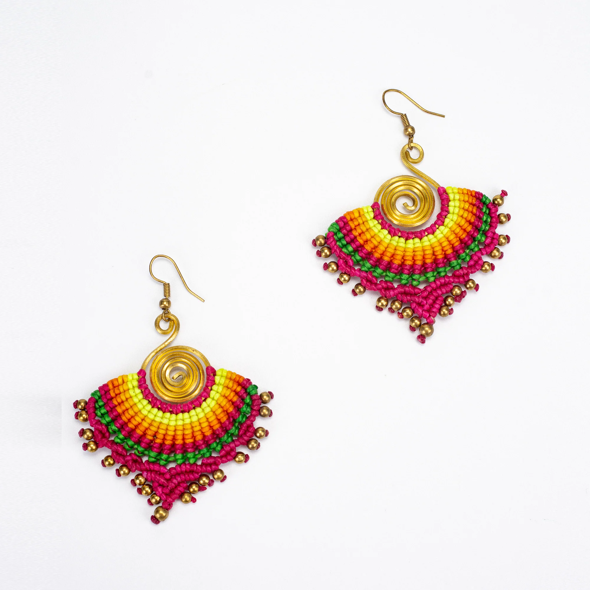 Pink Rainbow Waxed String Spiral Brass Earrings