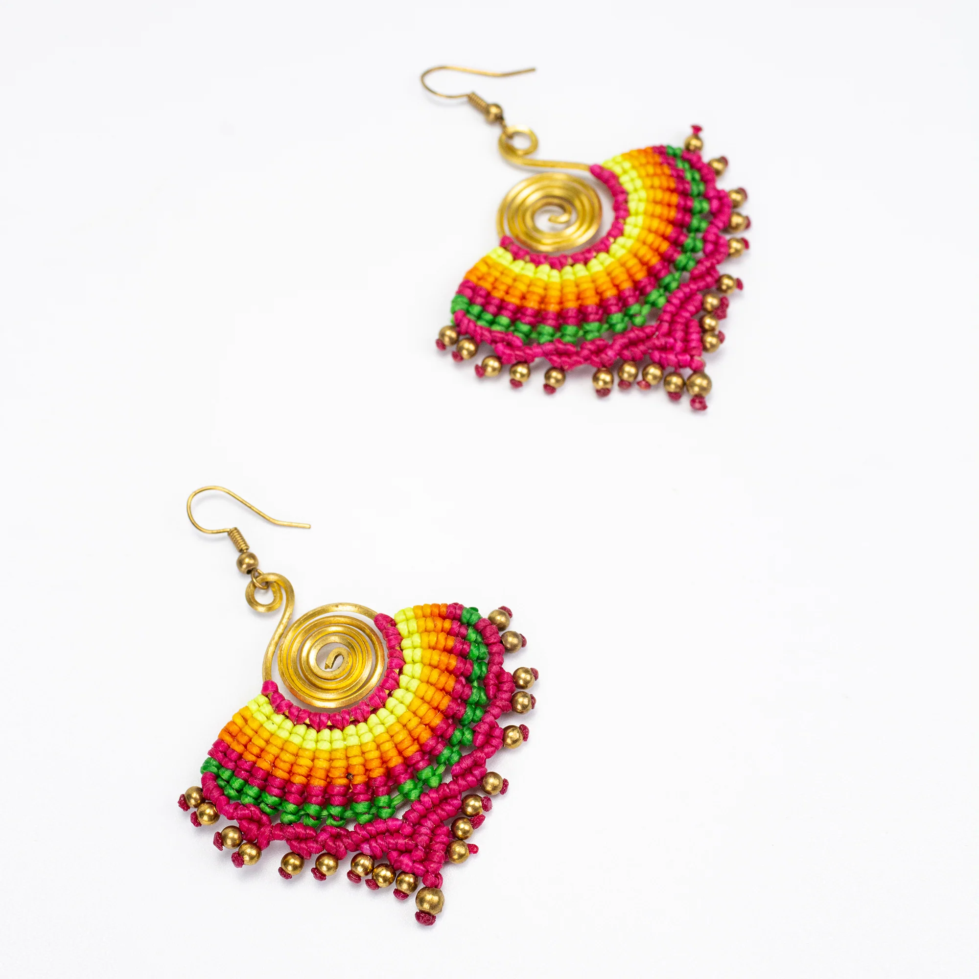 Pink Rainbow Waxed String Spiral Brass Earrings - Image 2