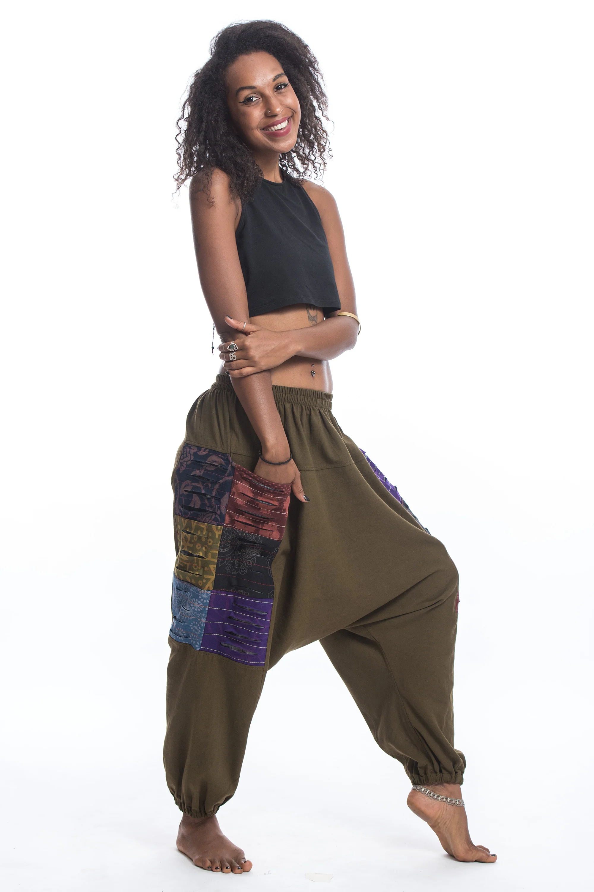 Ripped Patchwork Cotton Women's Harem Pants In Olive - Image 3