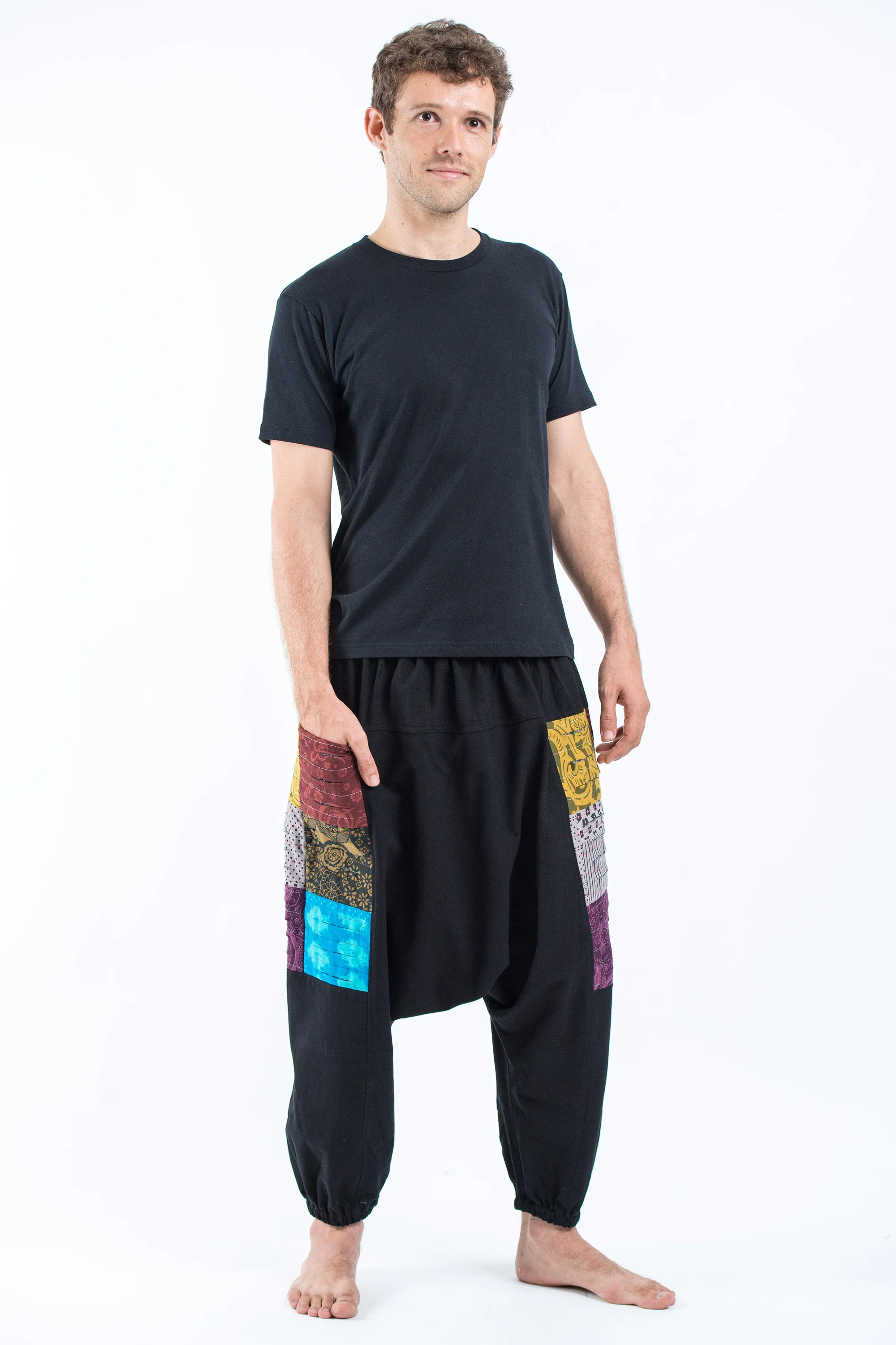 Ripped Patchwork Cotton Men's Harem Pants In Black