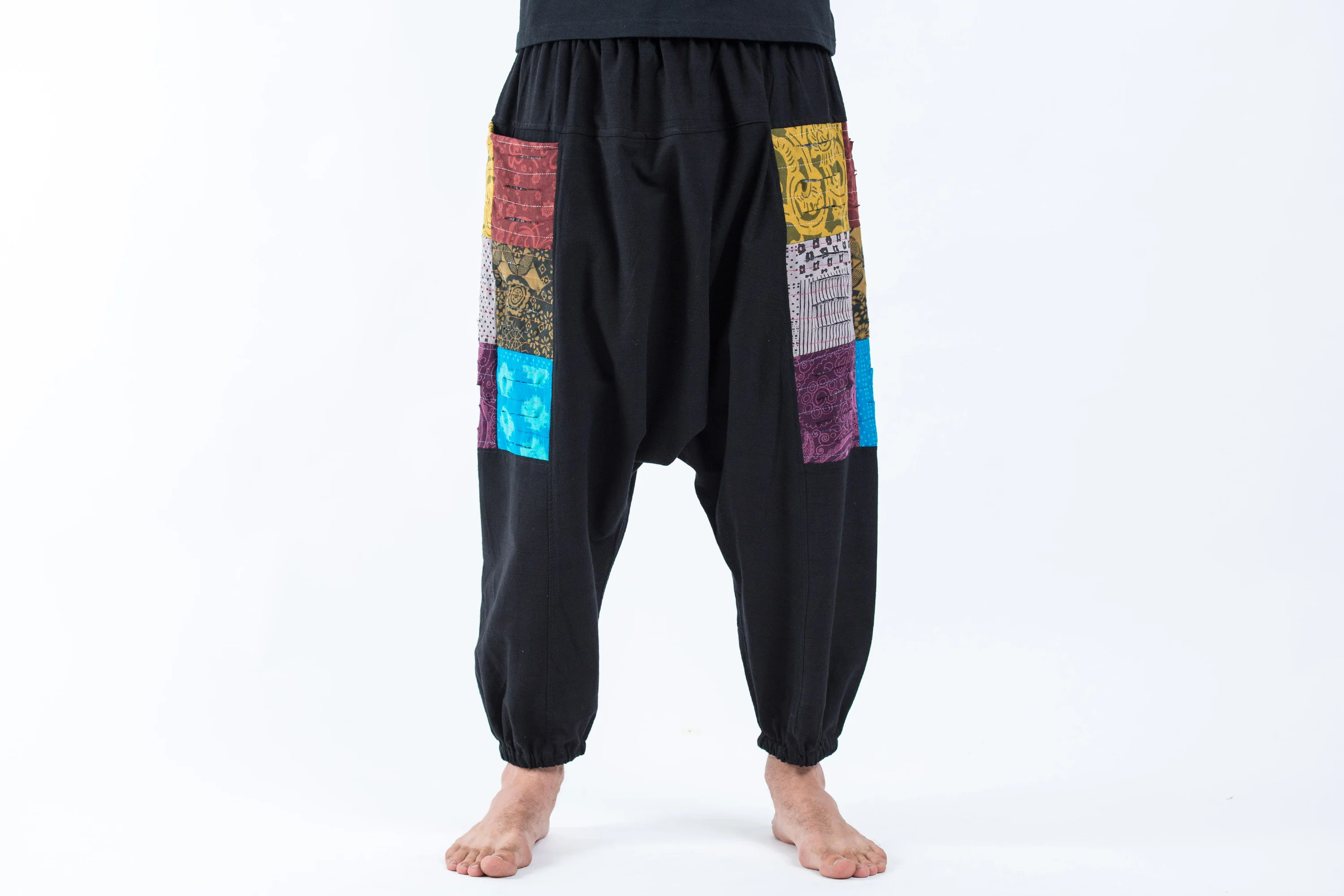 Ripped Patchwork Cotton Men's Harem Pants In Black - Image 2