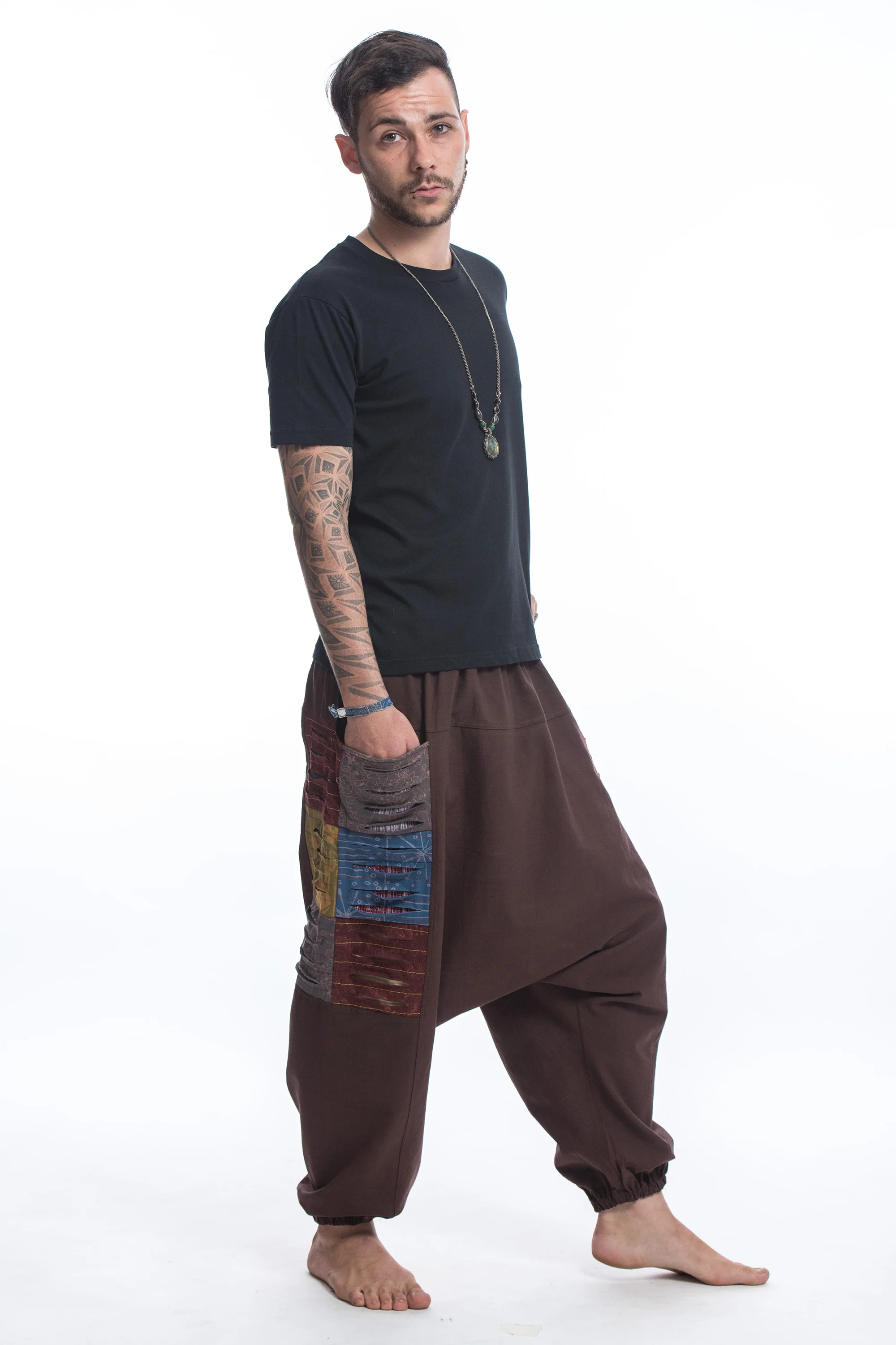 Ripped Patchwork Cotton Men's Harem Pants In Brown - Image 3