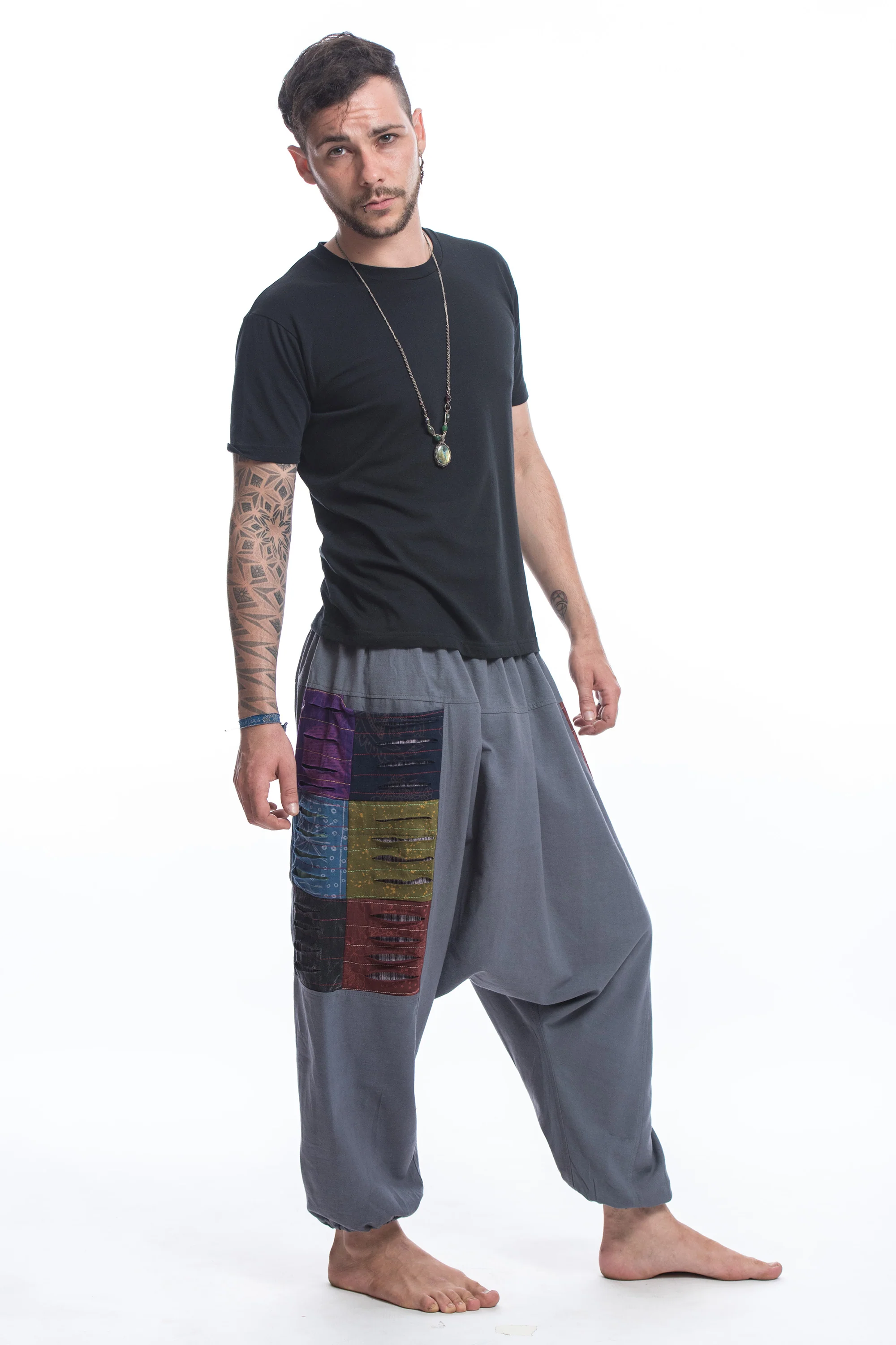 Ripped Patchwork Cotton Men's Harem Pants In Gray - Image 3