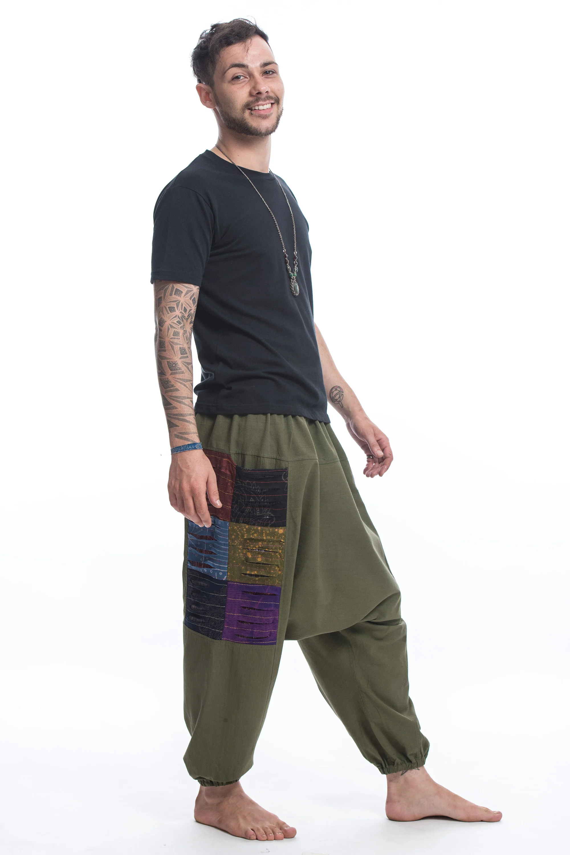 Ripped Patchwork Cotton Men's Harem Pants In Green - Image 3