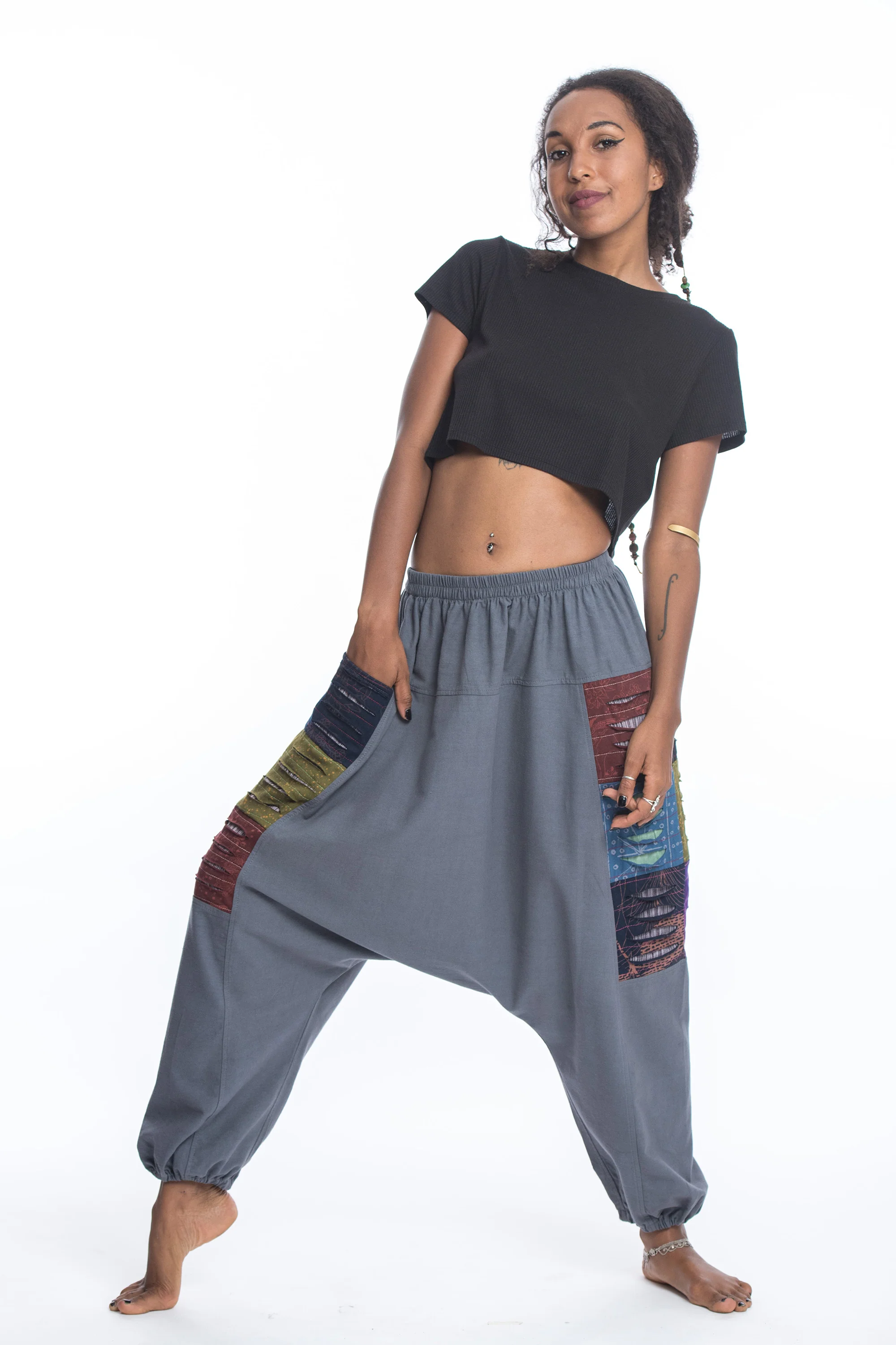 Ripped Patchwork Cotton Women's Harem Pants In Gray