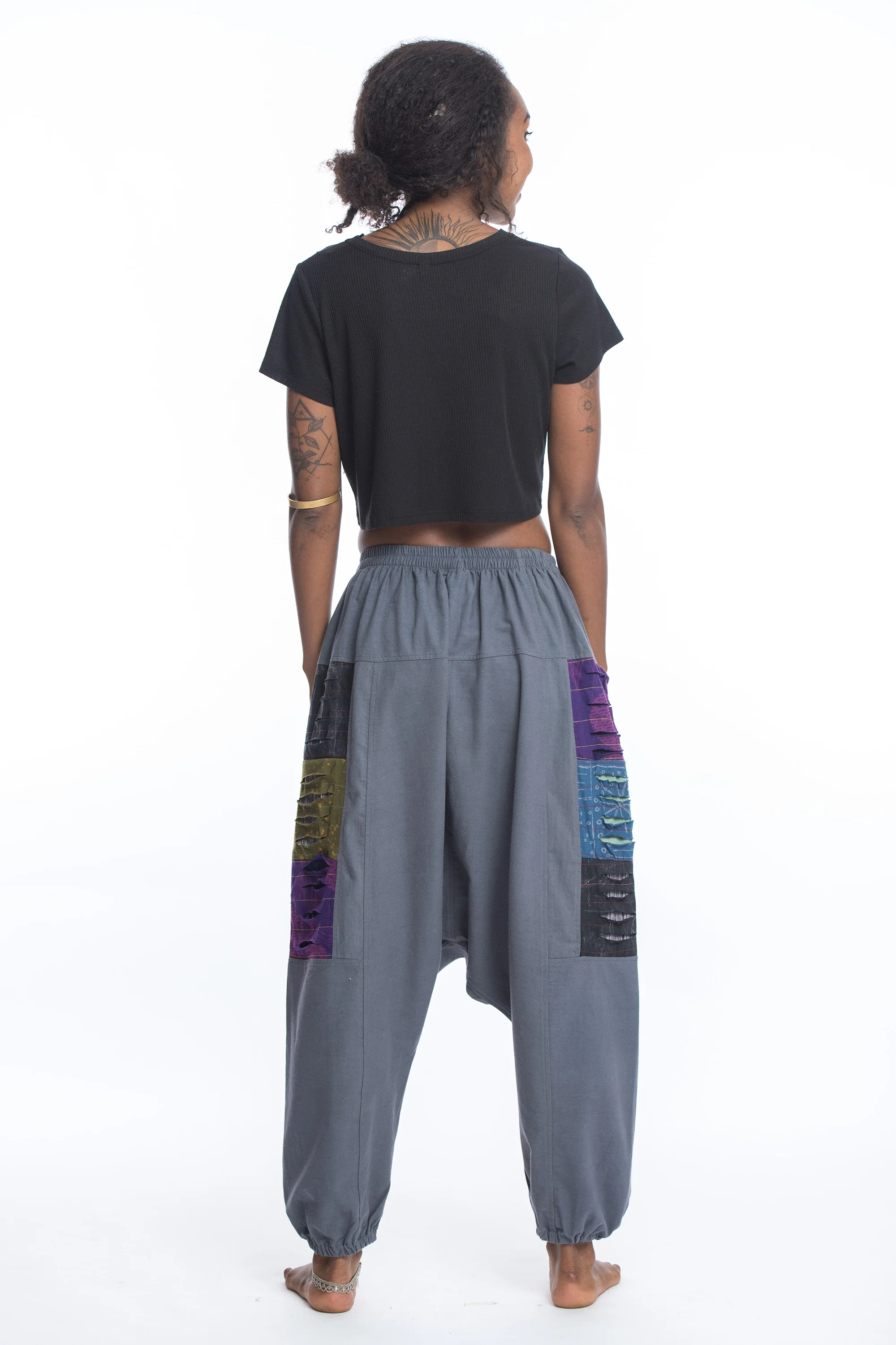 Ripped Patchwork Cotton Women's Harem Pants In Gray - Image 4