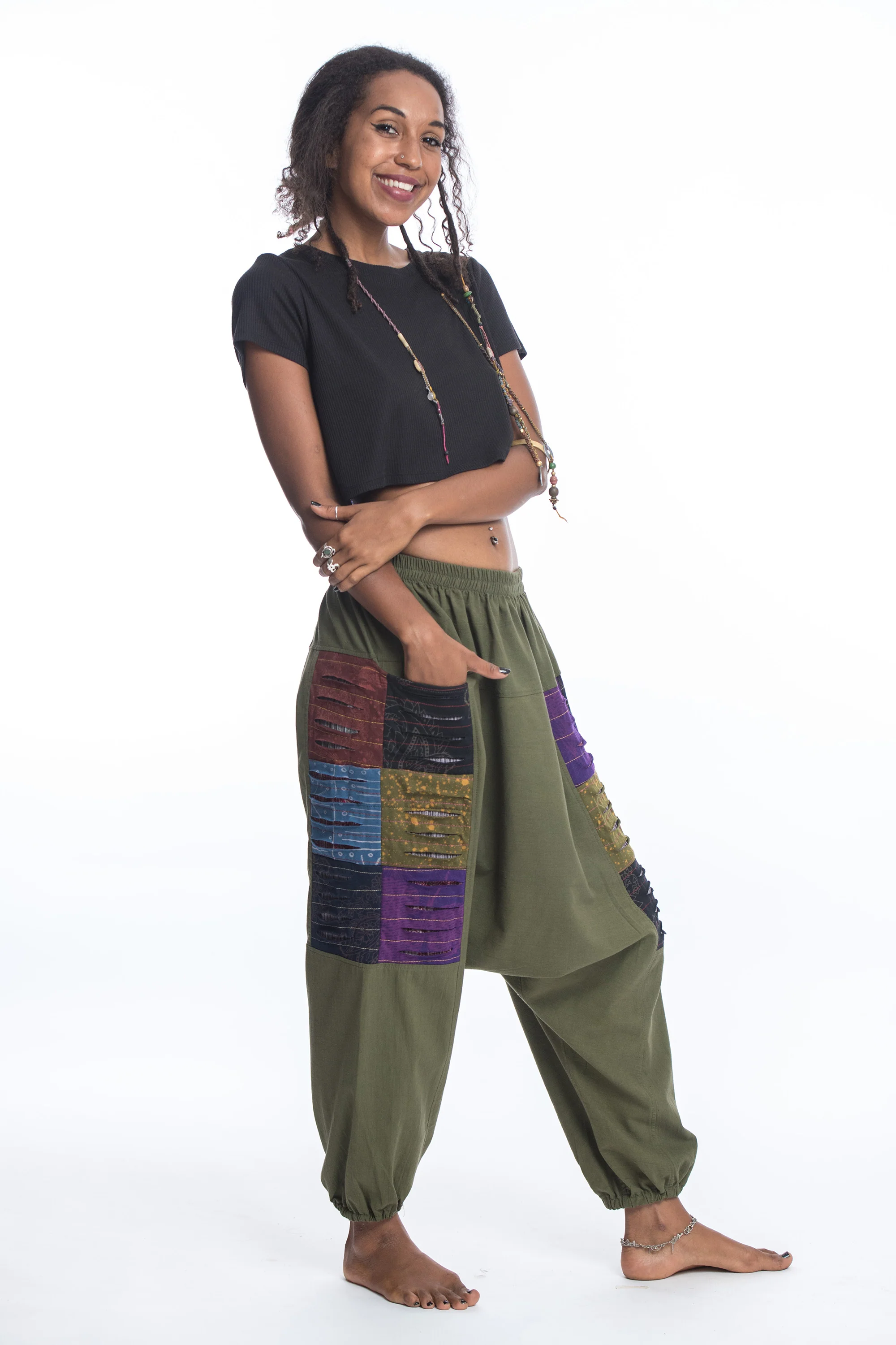 Ripped Patchwork Cotton Women's Harem Pants In Green - Image 3
