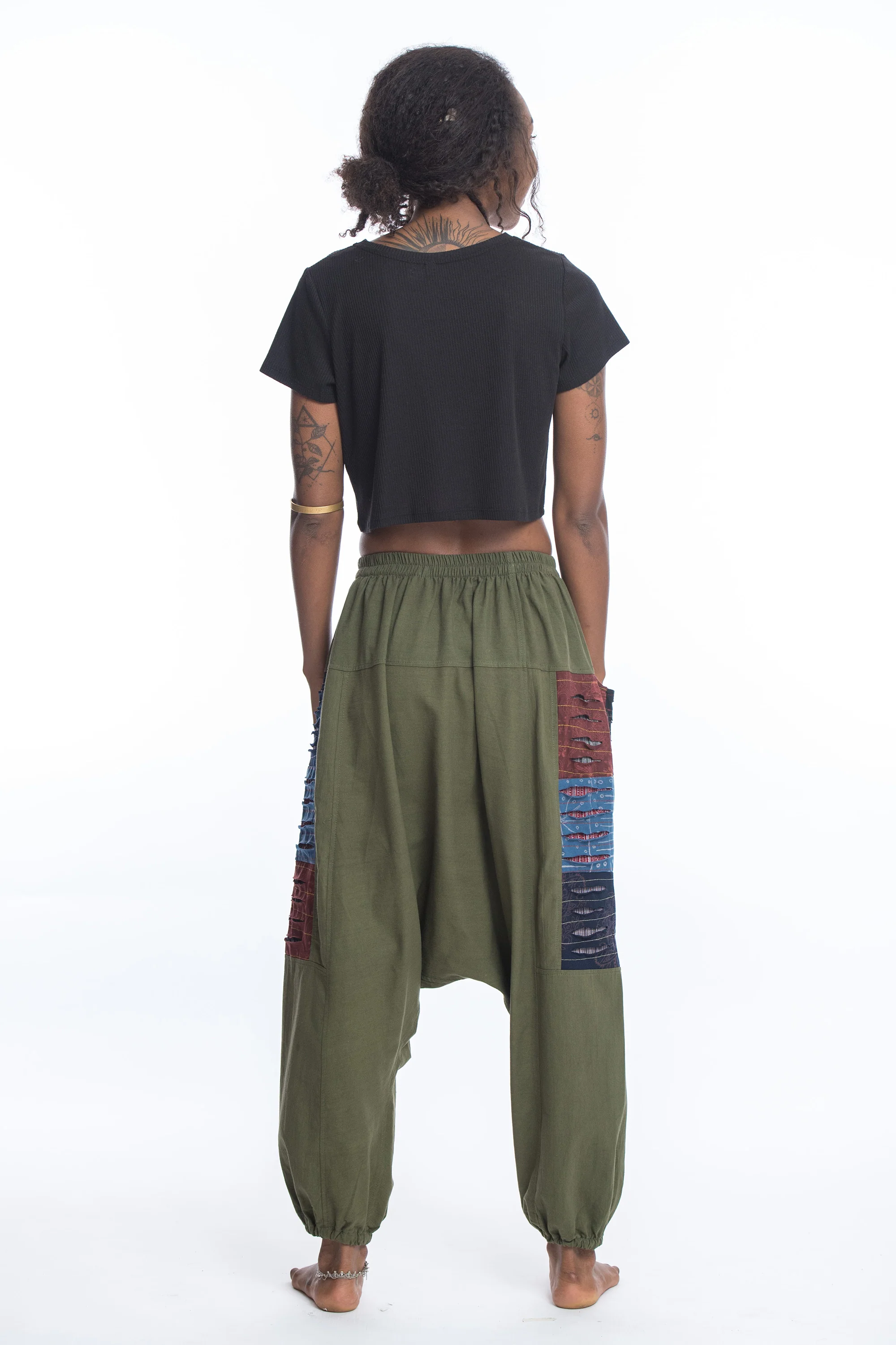 Ripped Patchwork Cotton Women's Harem Pants In Green - Image 4