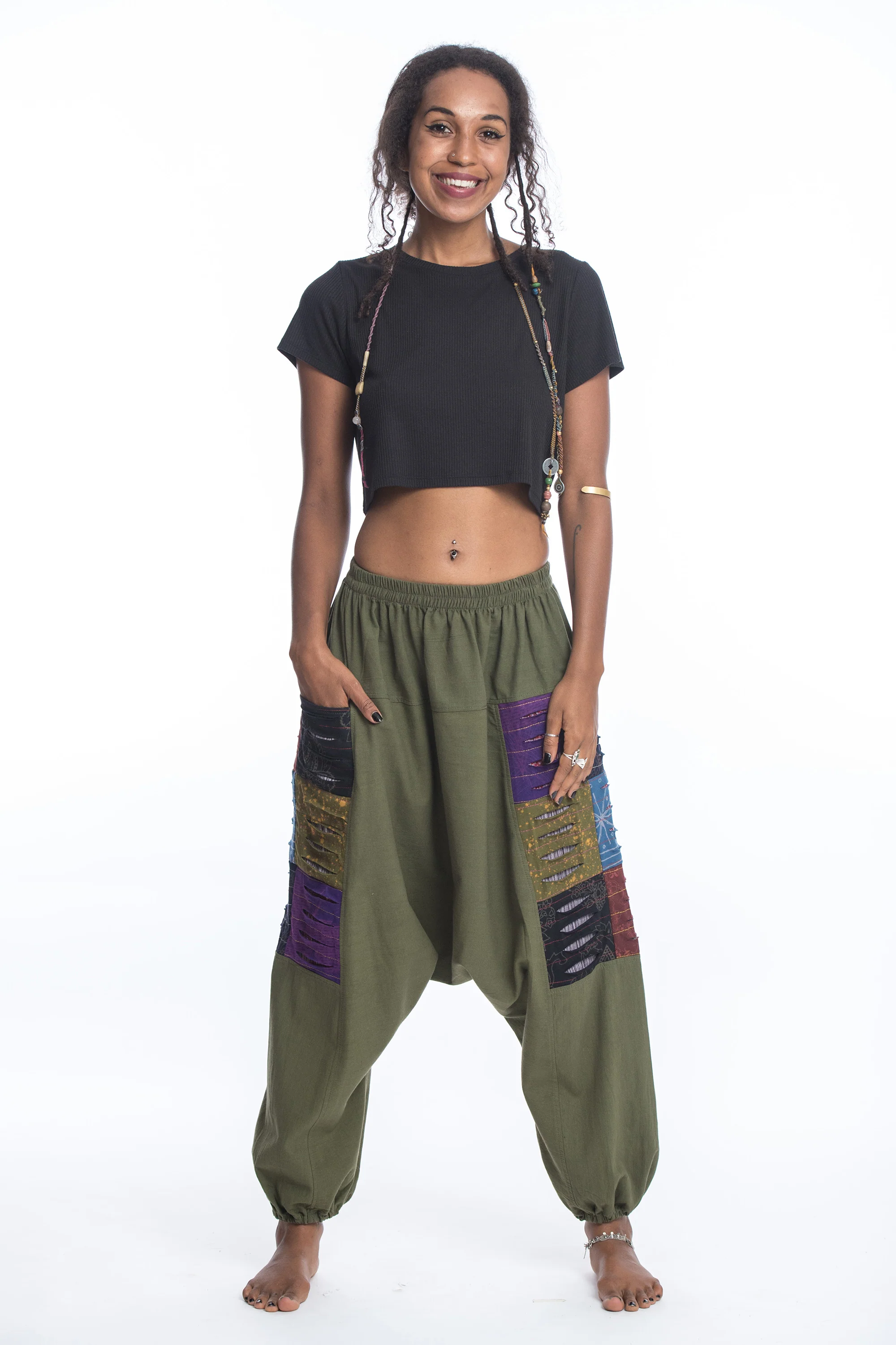 Ripped Patchwork Cotton Women's Harem Pants In Green - Image 5