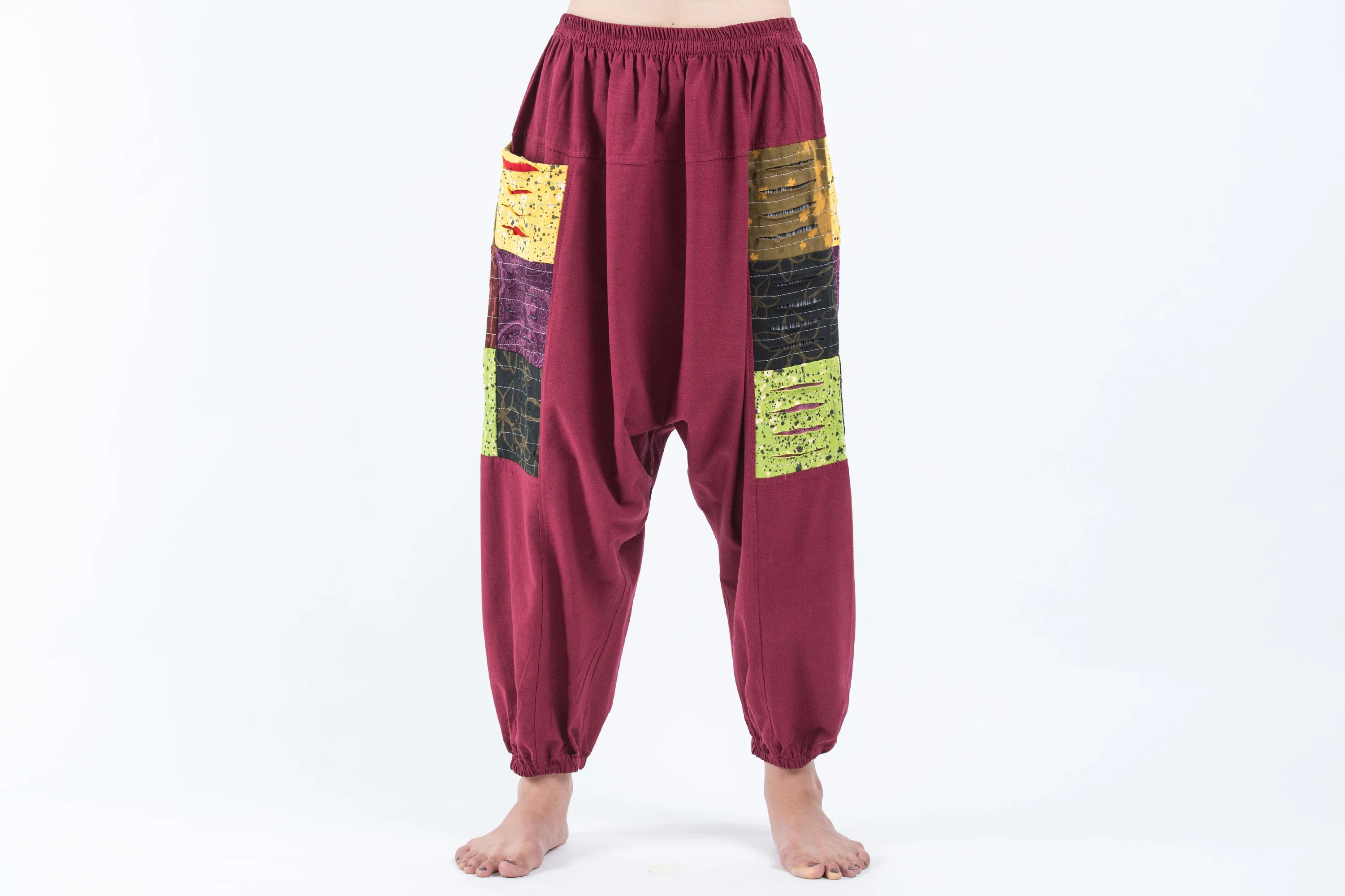 Ripped Patchwork Cotton Women's Harem Pants In Maroon - Image 2