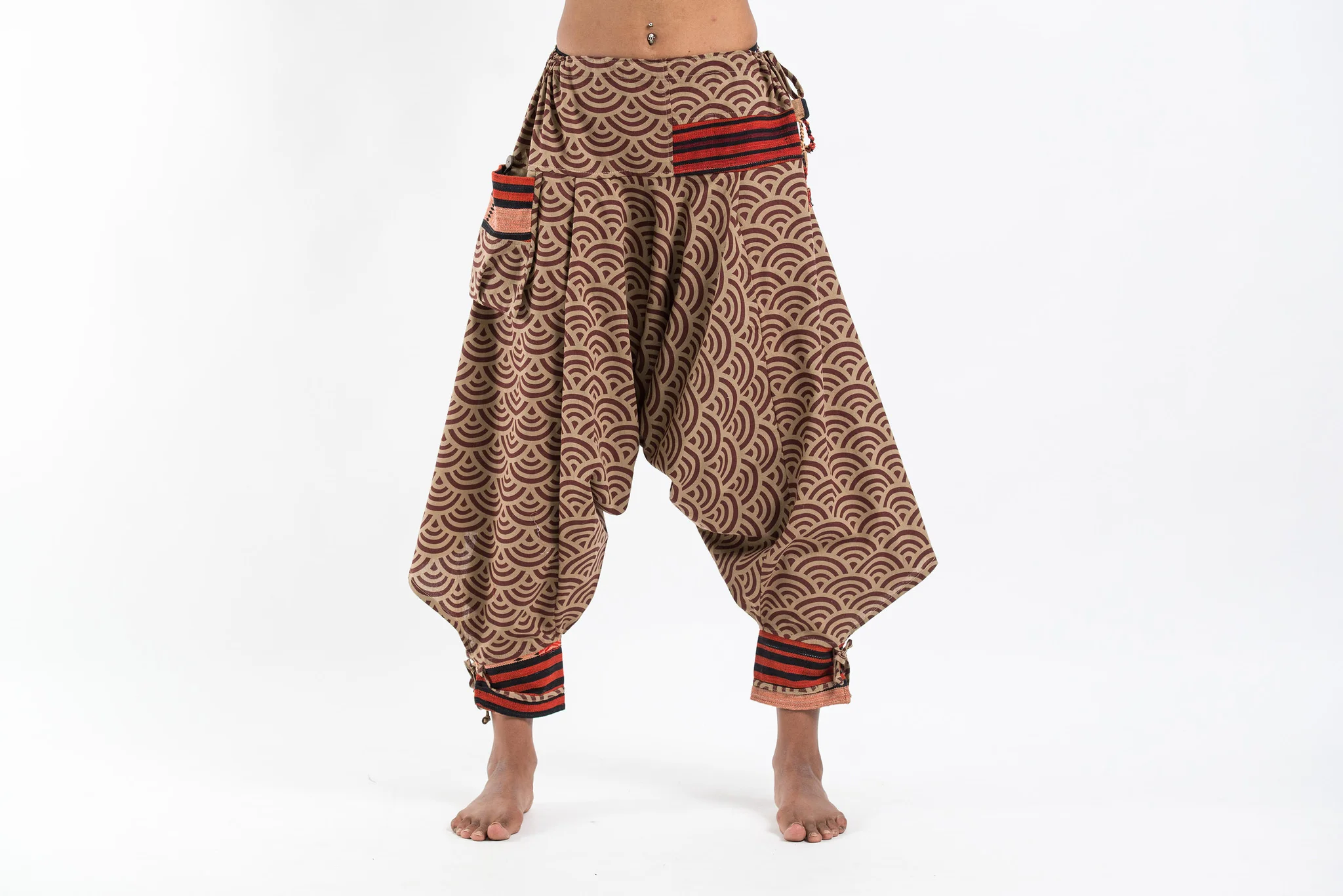 Seigaiha Wave Print Hill Tribe Drawstring Women's Harem Pants with Ankle Straps - Image 2